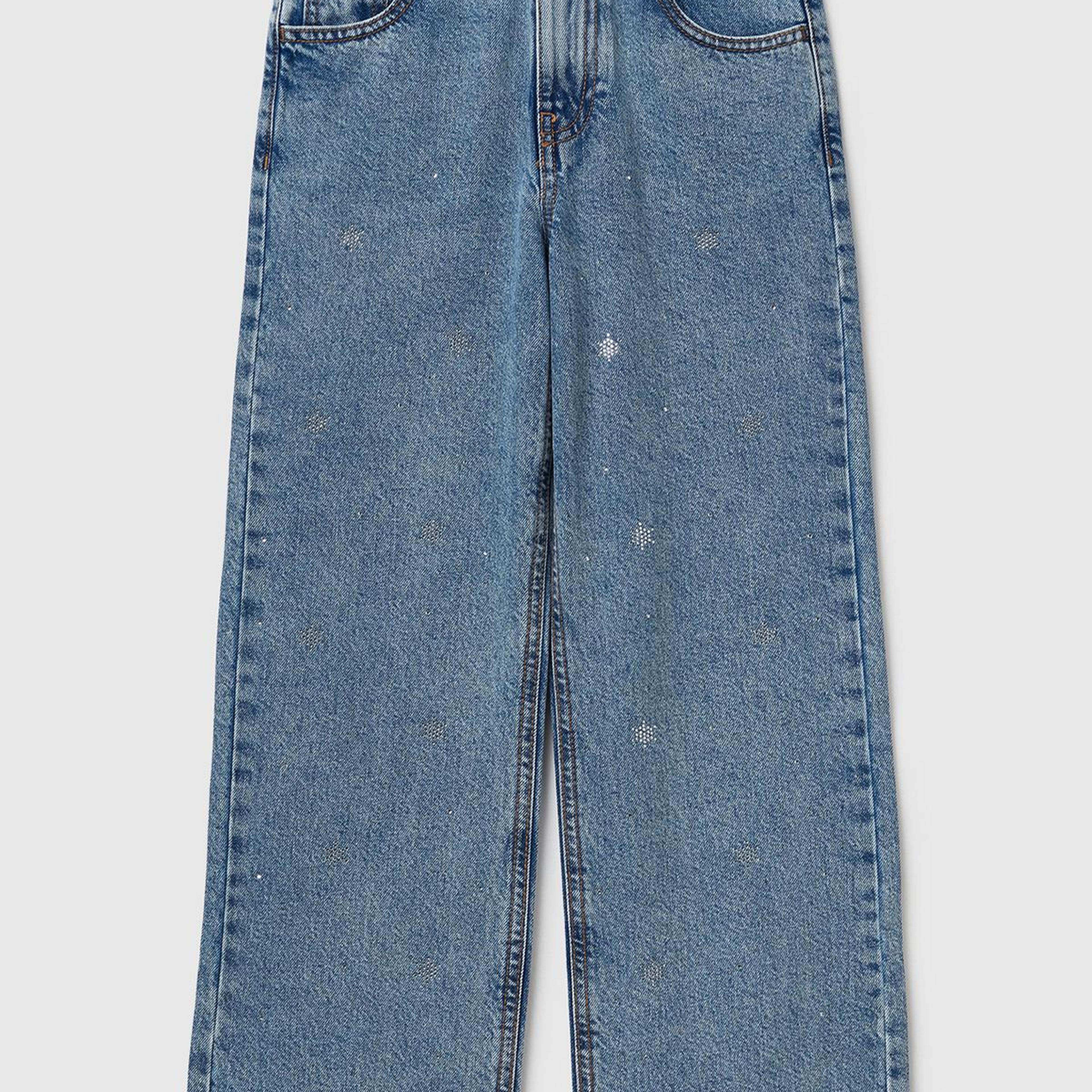 Kız Çocuk Açık Mavi Önü Kristal Aplikeli Taş Yıkama Straight Fit Denim Pantolon