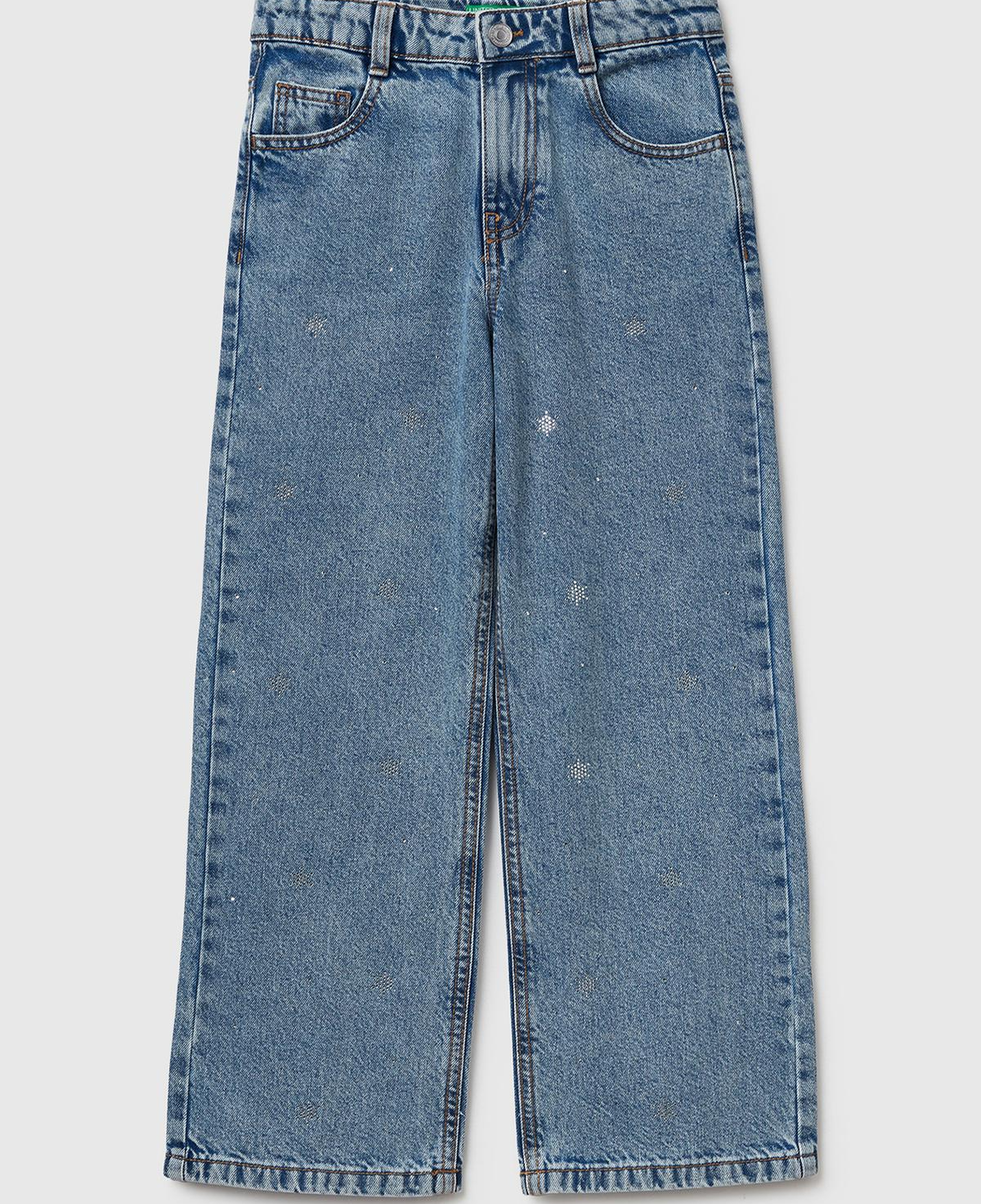 Kız Çocuk Açık Mavi Önü Kristal Aplikeli Taş Yıkama Straight Fit Denim Pantolon