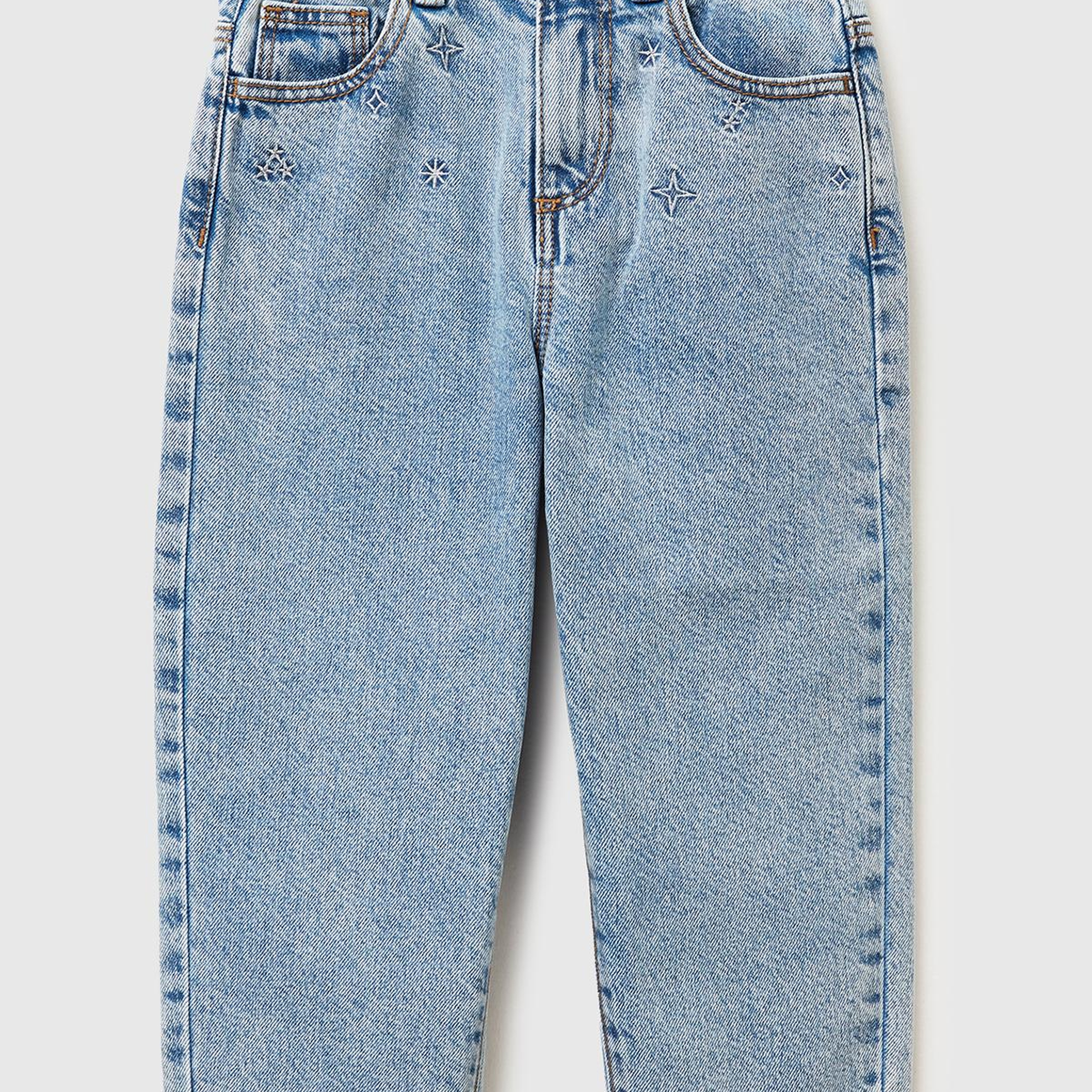 Kız Çocuk Açık Mavi Simli Bel İşlemeli Ayarlanabilir Bel Denim Pantolon