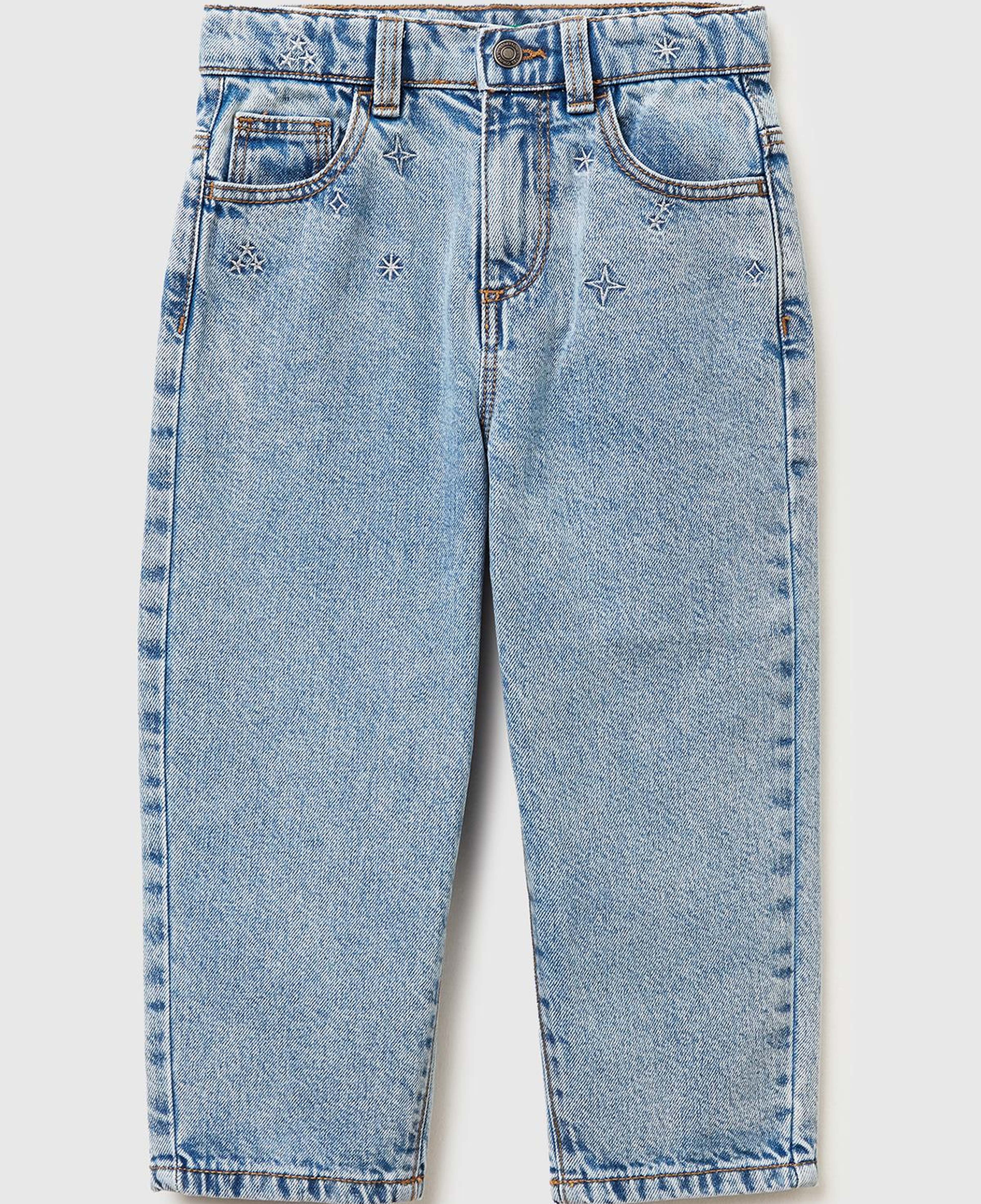 Kız Çocuk Açık Mavi Simli Bel İşlemeli Ayarlanabilir Bel Denim Pantolon