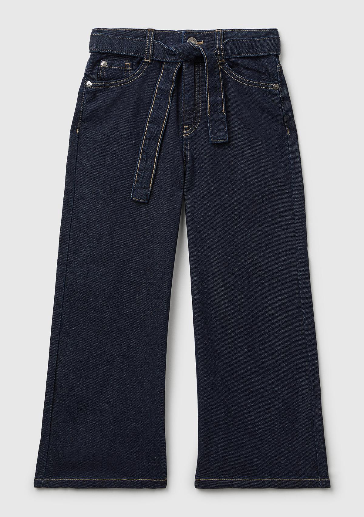 Kız Çocuk Siyah Arka Cebi Logolu Beli Kuşaklı Geniş Paça Pantolon