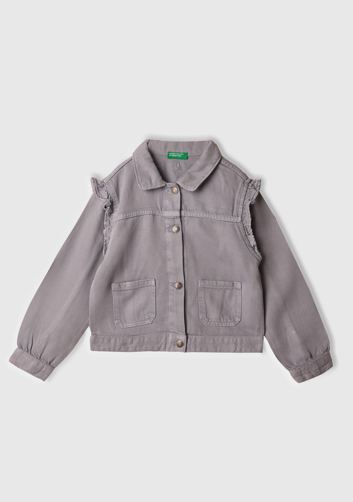 Kız Çocuk Lila %100 Liyosel Taş Yıkama Omzu Fırfırlı Denim Ceket