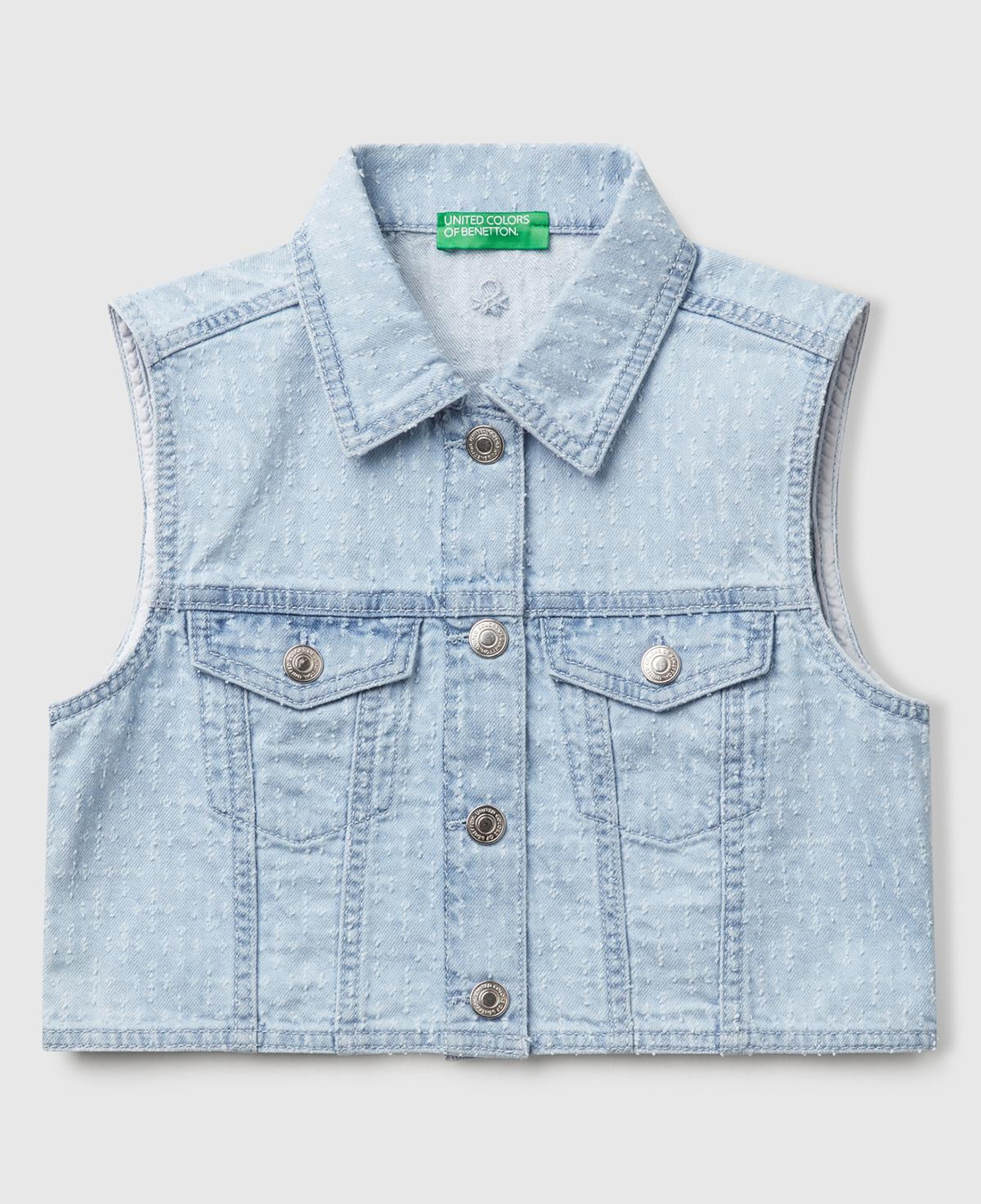 Kız Çocuk Denim Logo İşleme Detaylı Düğmeli Önü Cepli Denim Yelek