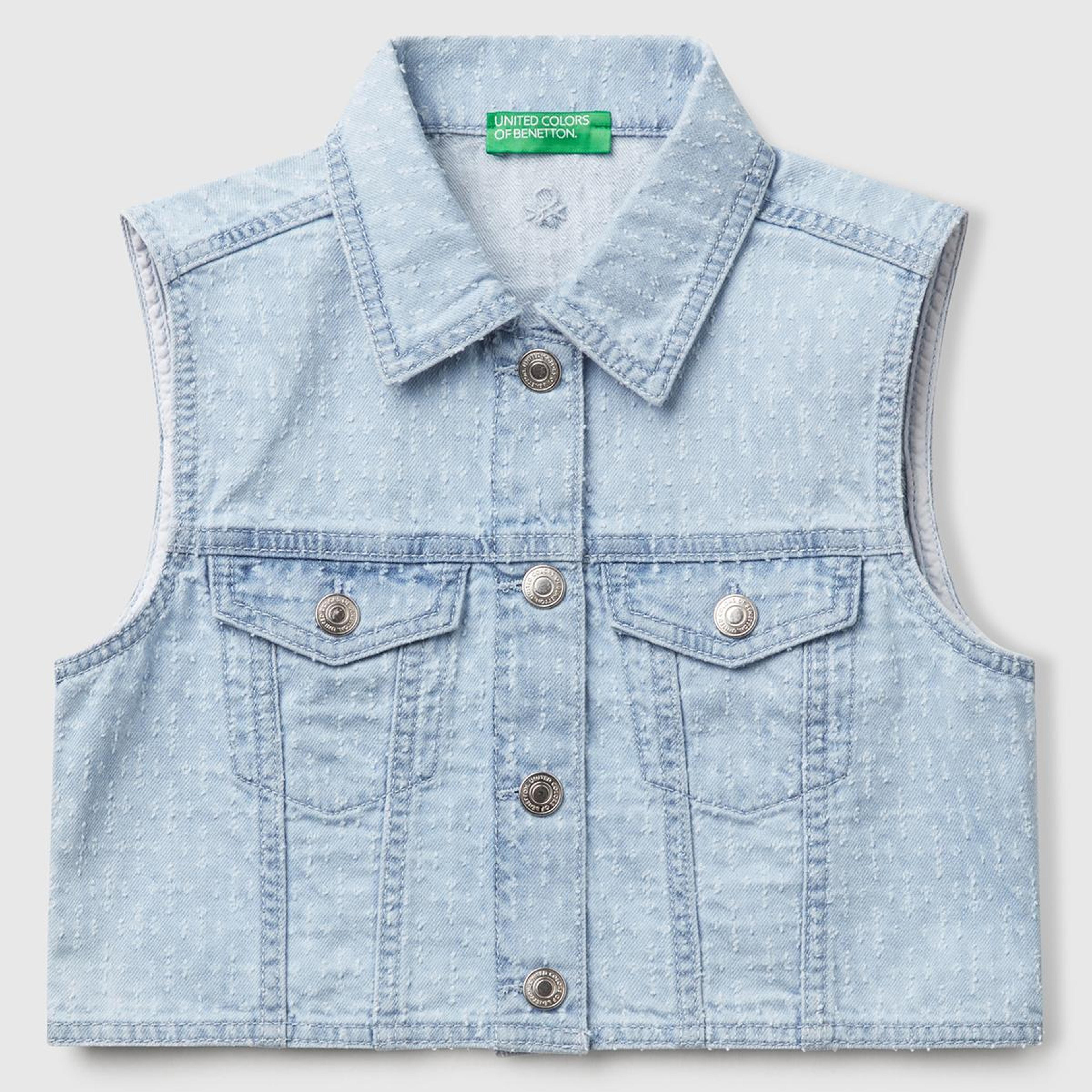 Kız Çocuk Denim Logo İşleme Detaylı Düğmeli Önü Cepli Denim Yelek