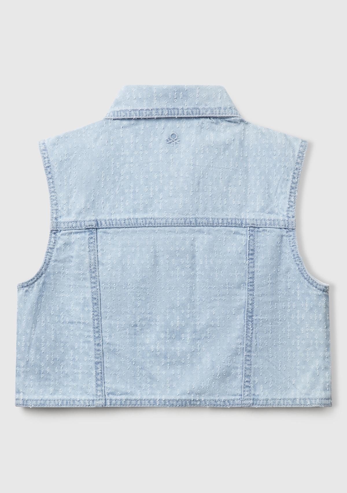 Kız Çocuk Denim Logo İşleme Detaylı Düğmeli Önü Cepli Denim Yelek