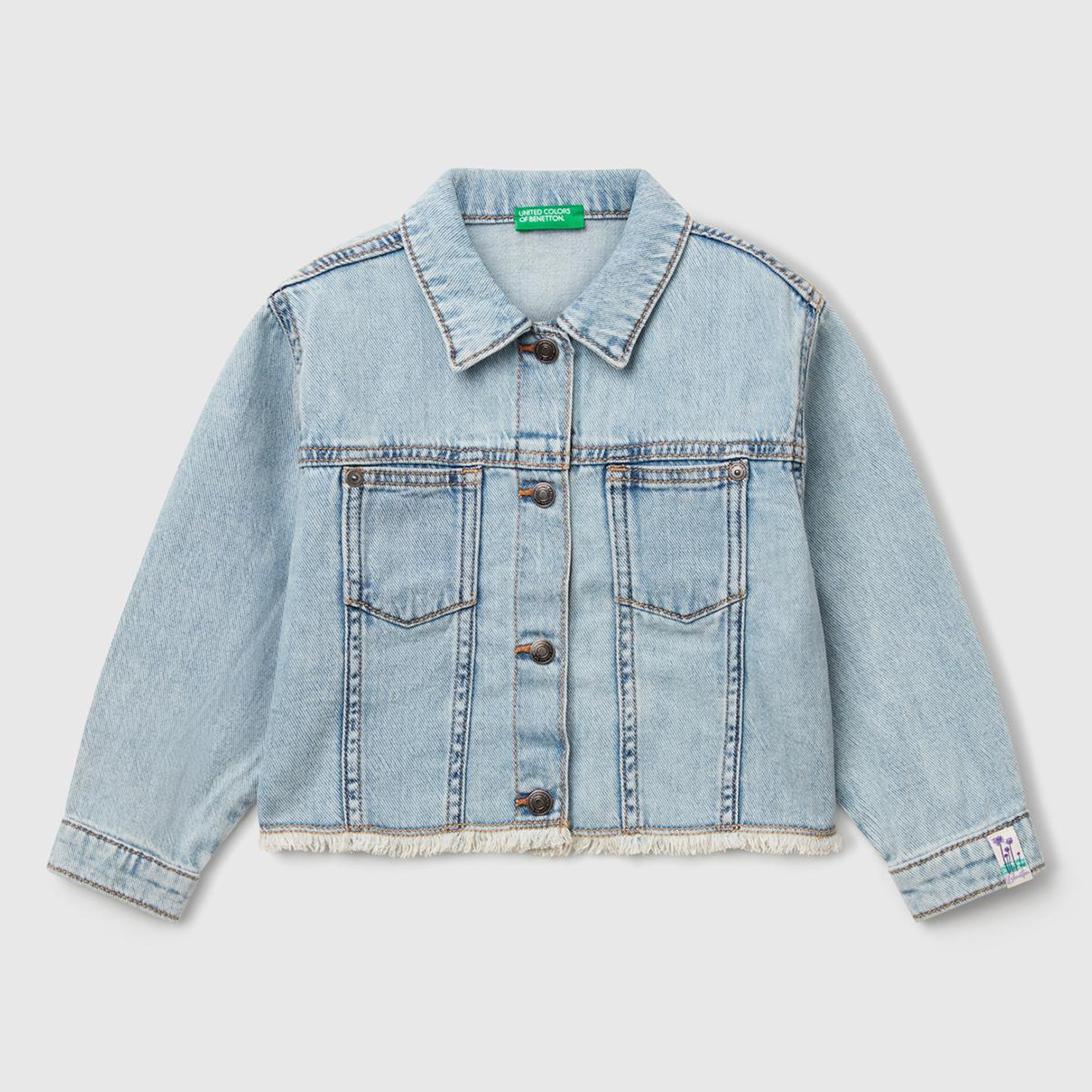 Kız Çocuk Açık Denim Manşetli Denim Ceket