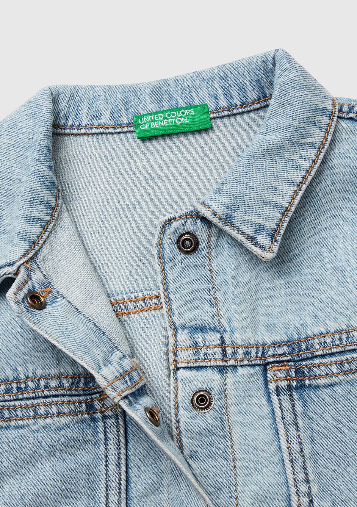 Kız Çocuk Açık Denim Manşetli Denim Ceket