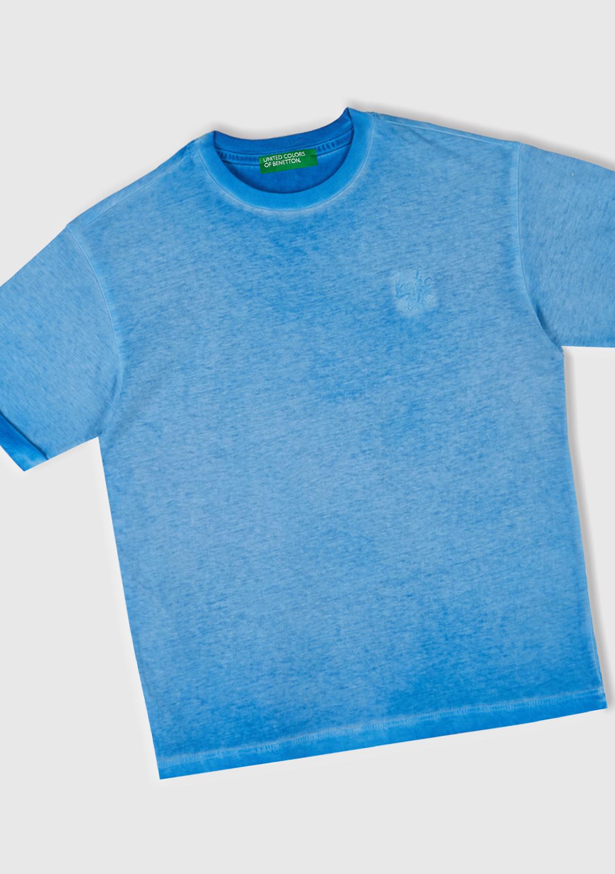 Erkek Çocuk Saks Mavi Soluk Efektli Logo İşlemeli Oversize T-Shirt