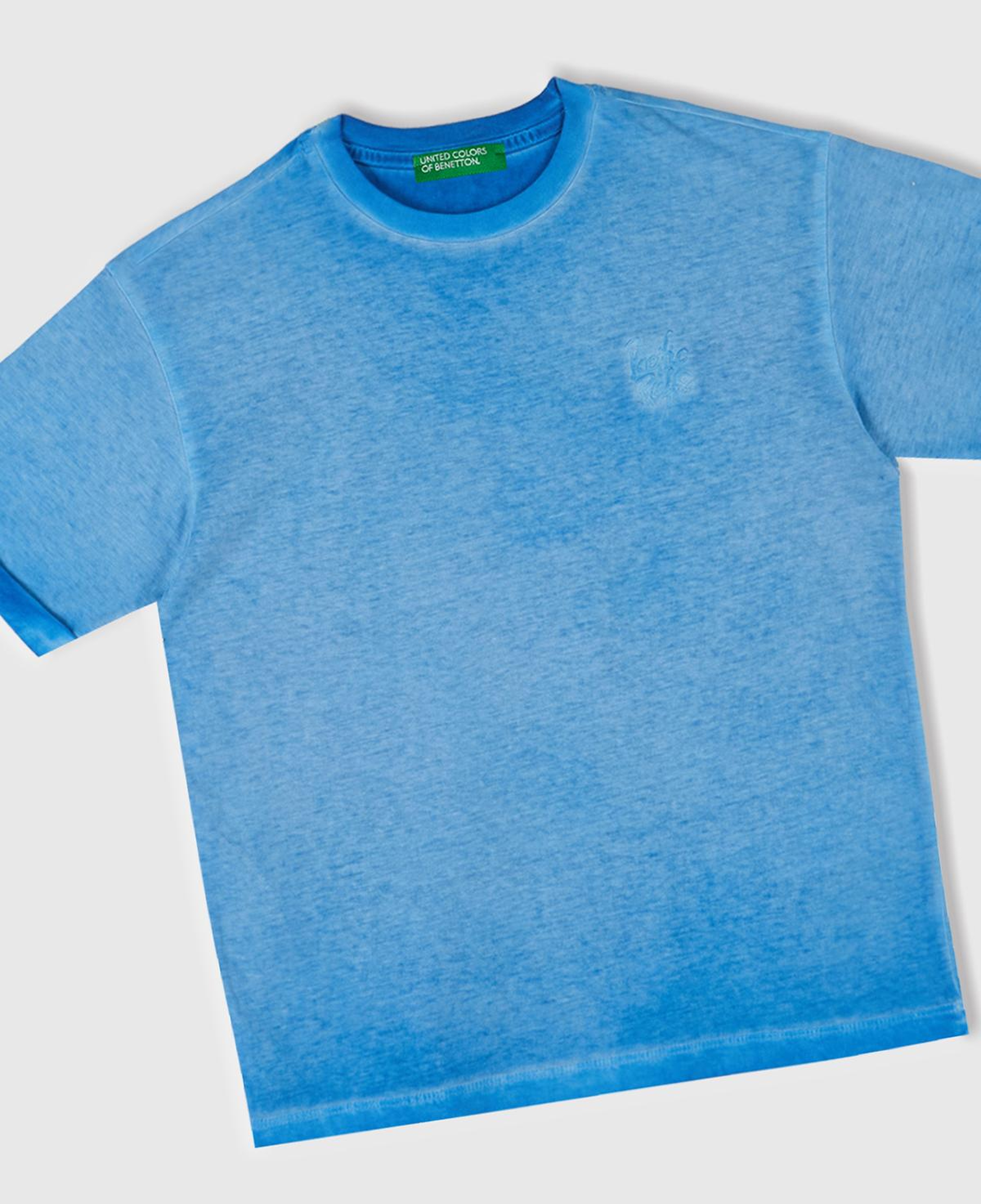Erkek Çocuk Saks Mavi Soluk Efektli Logo İşlemeli Oversize T-Shirt