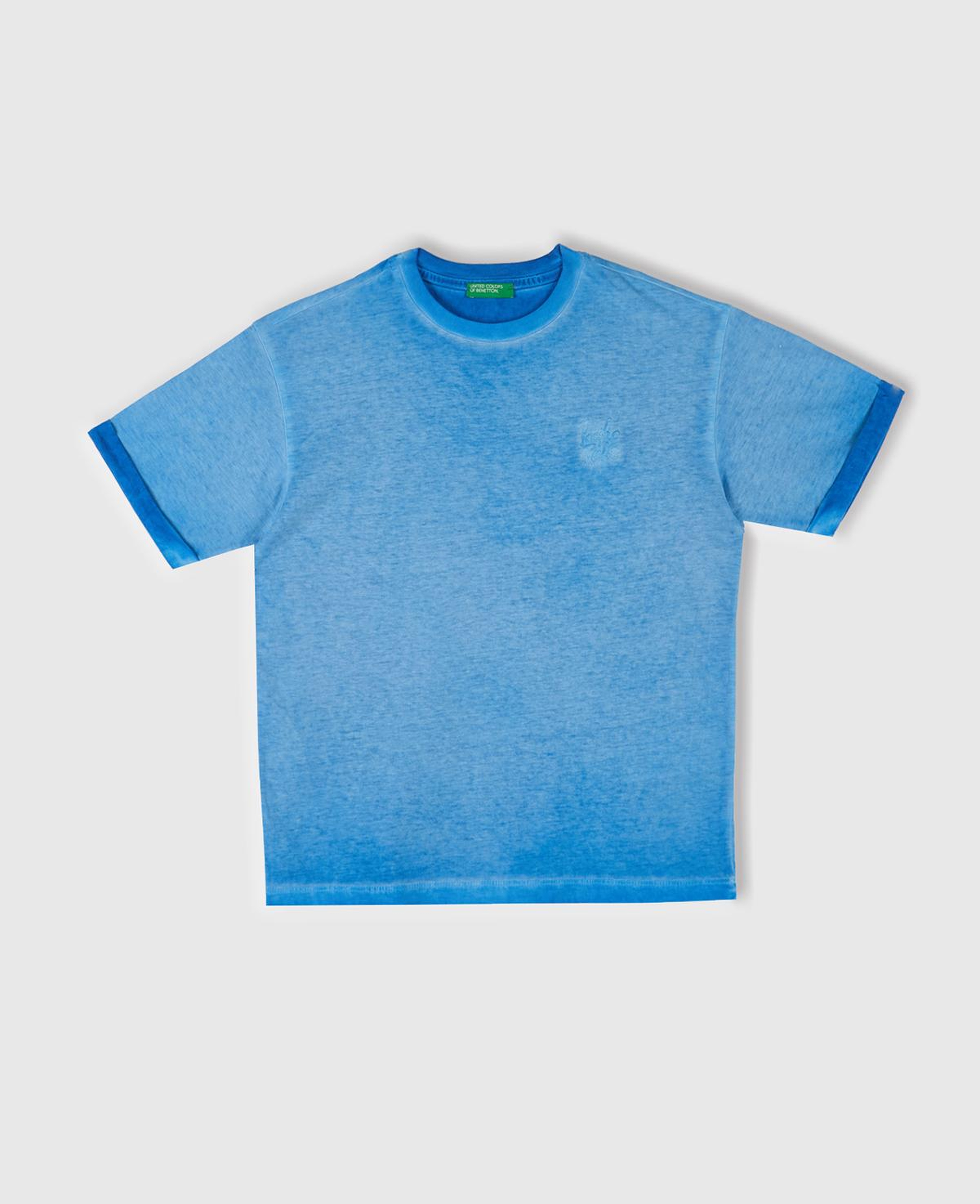 Erkek Çocuk Saks Mavi Soluk Efektli Logo İşlemeli Oversize T-Shirt