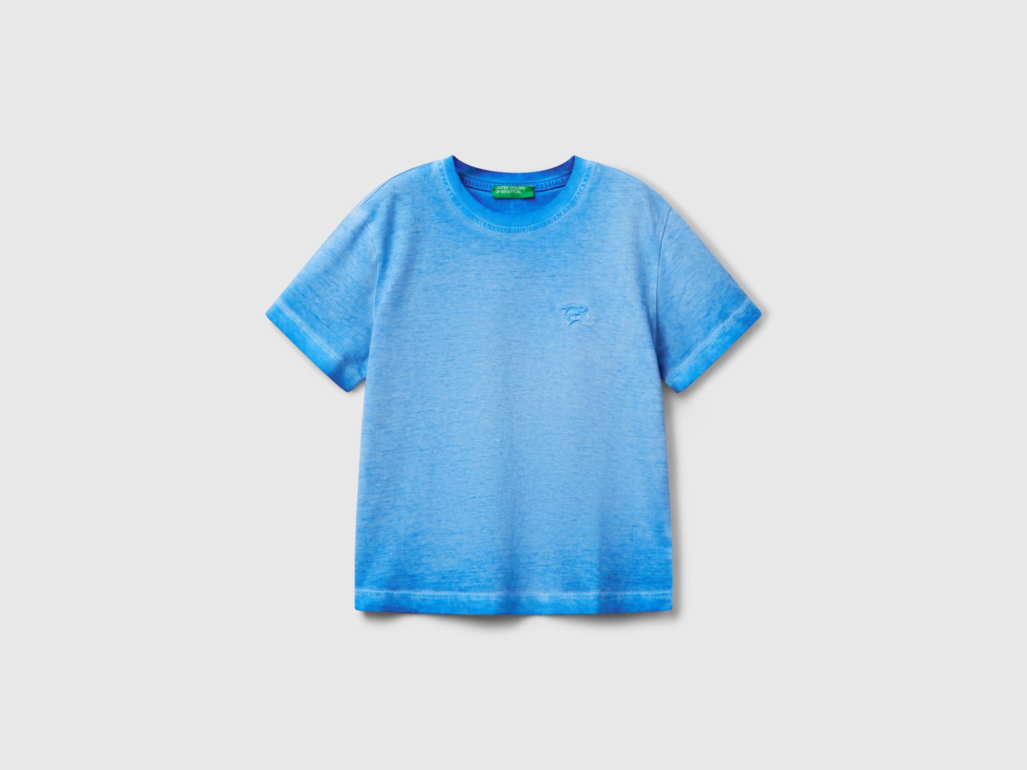 Erkek Çocuk Saks Mavi Soluk Efektli Logo İşlemeli Oversize T-Shirt