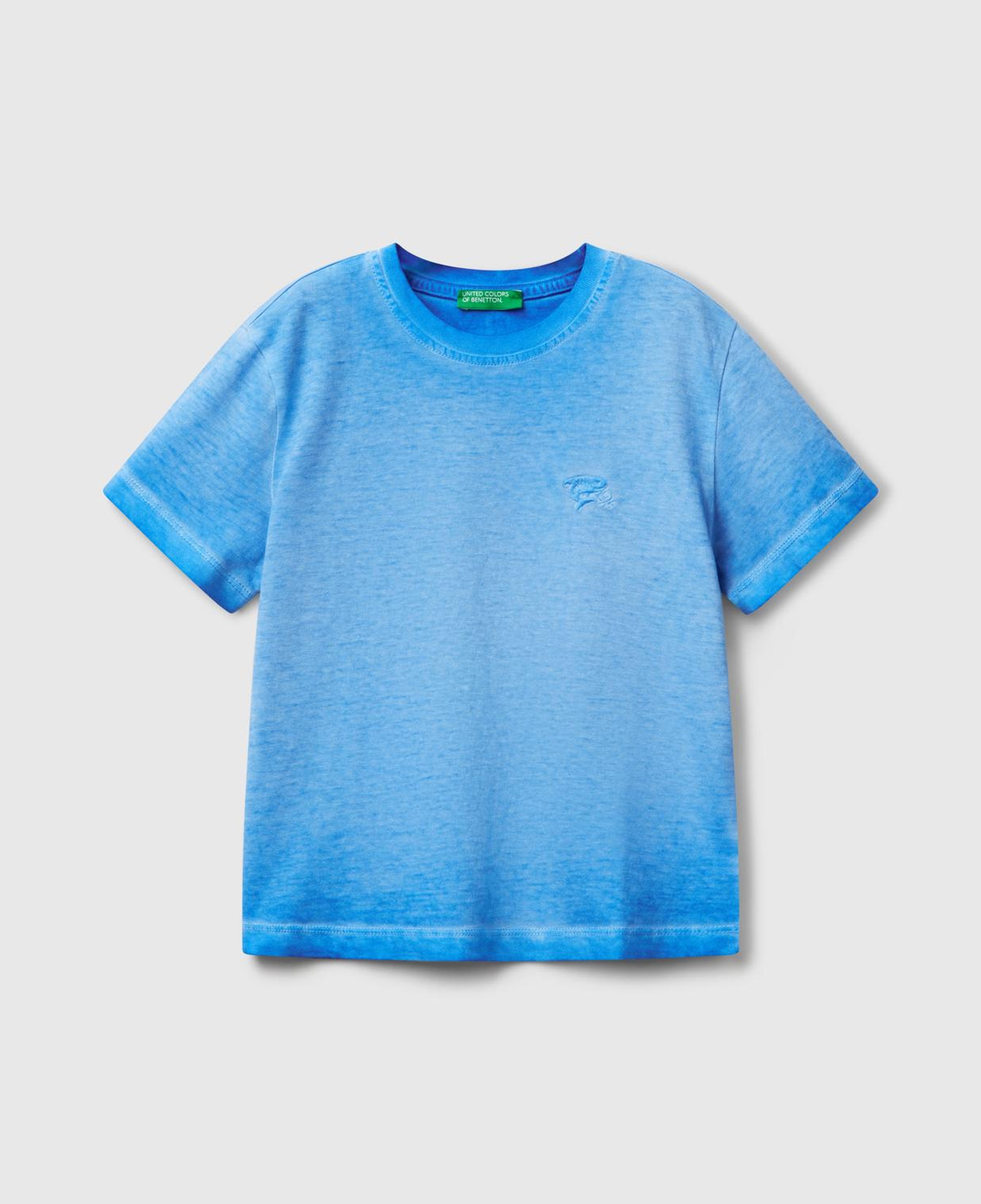 Erkek Çocuk Saks Mavi Soluk Efektli Logo İşlemeli Oversize T-Shirt
