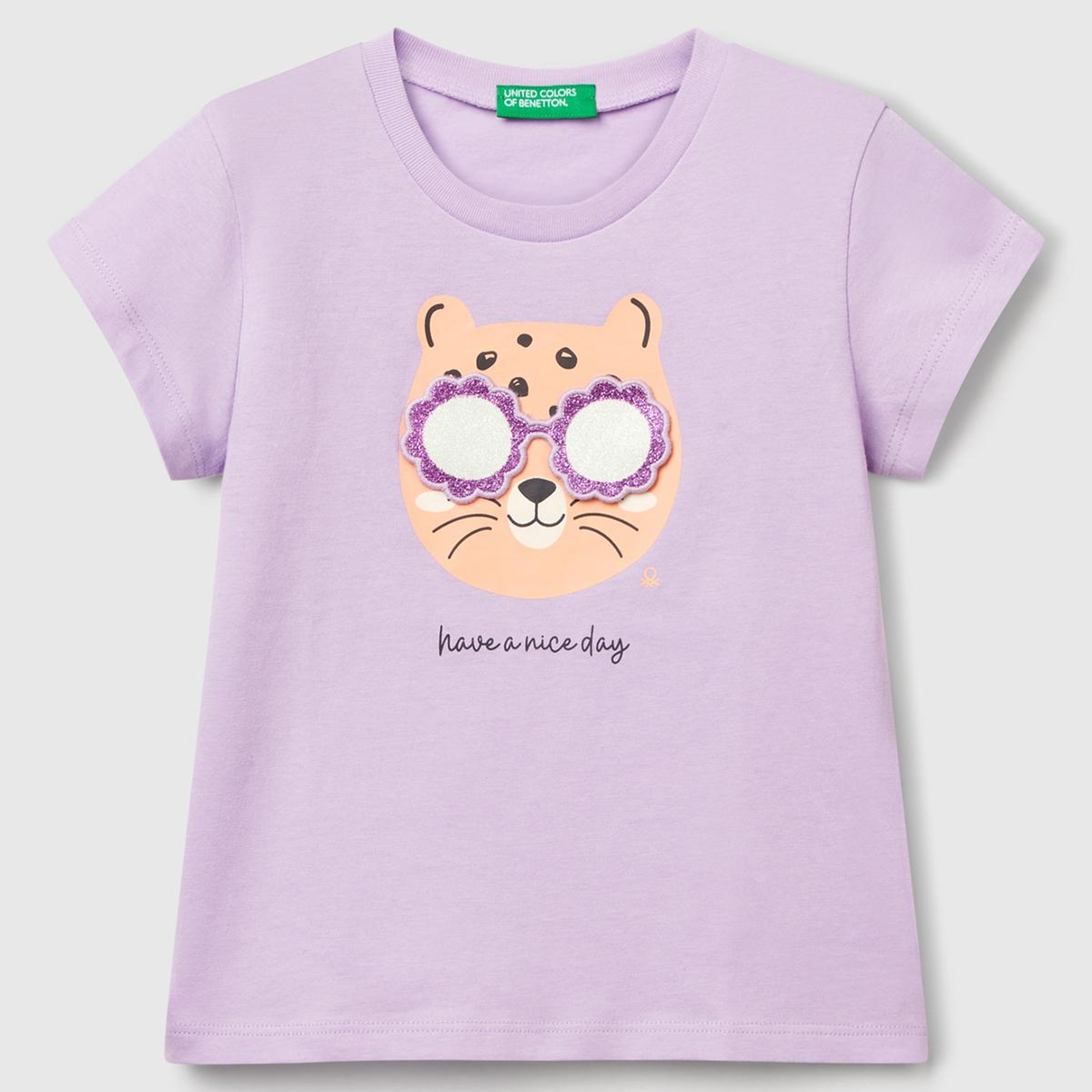 Kız Çocuk Lila Önü Baskılı Bisiklet Yaka T-Shirt