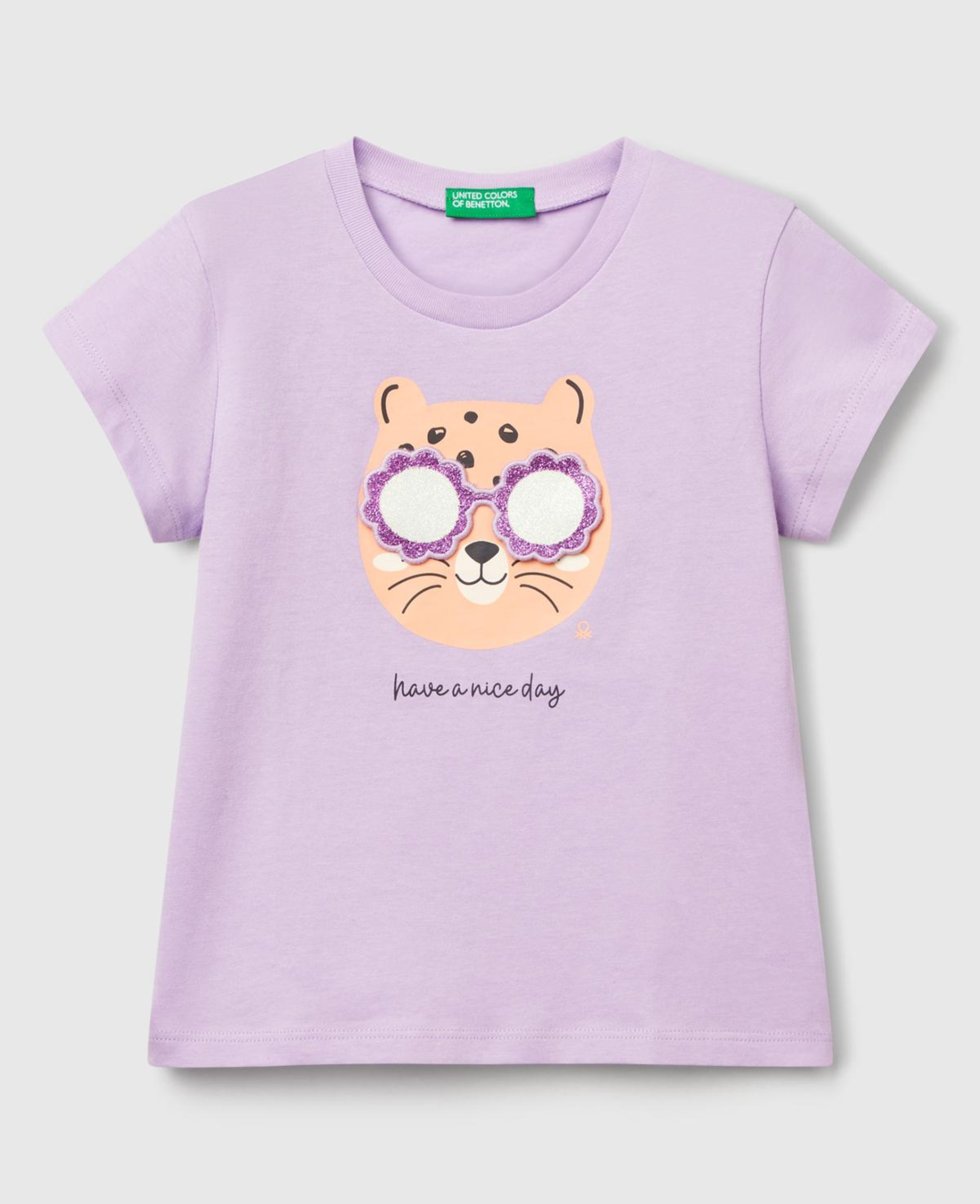 Kız Çocuk Lila Önü Baskılı Bisiklet Yaka T-Shirt