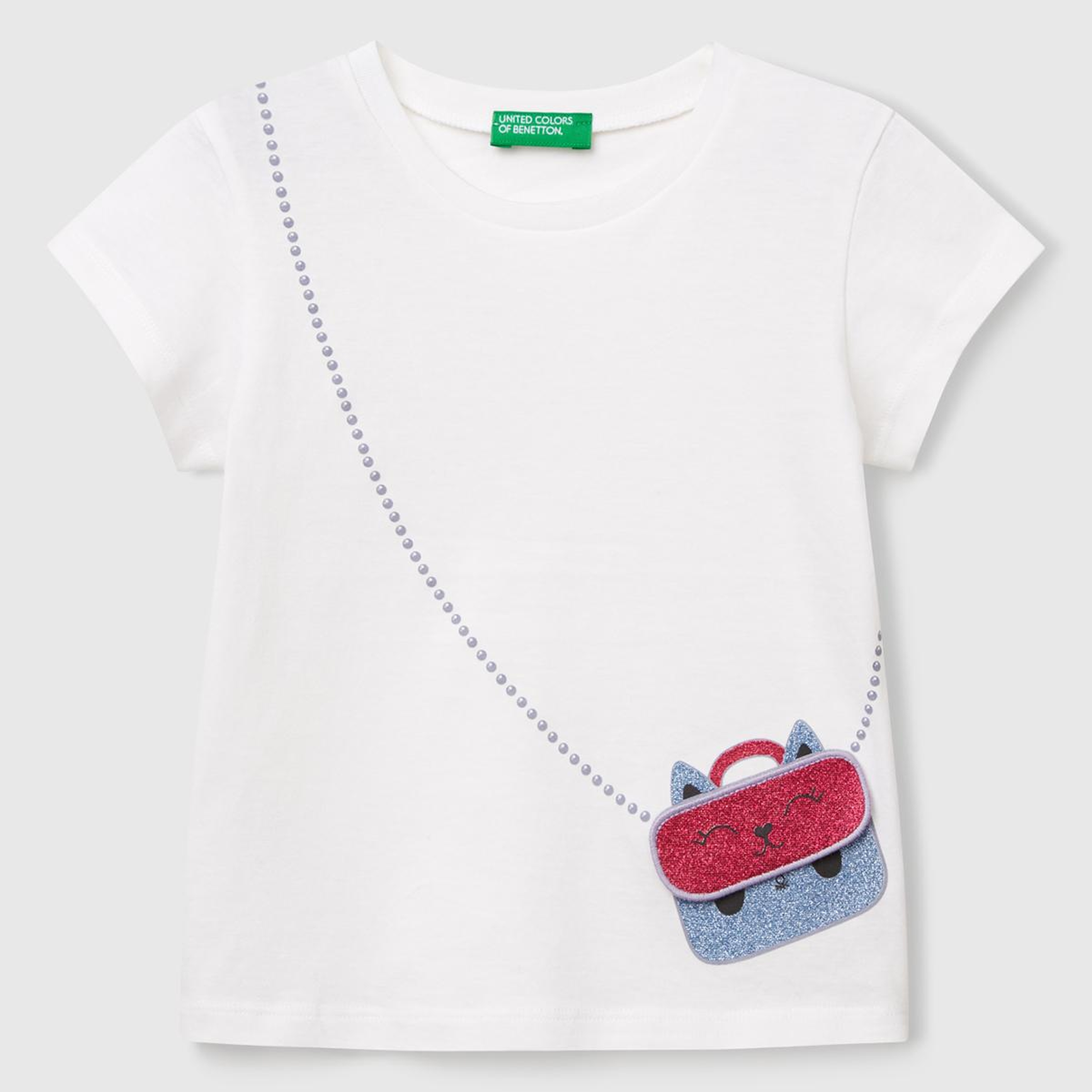 Kız Çocuk Beyaz Önü Baskılı Bisiklet Yaka T-Shirt