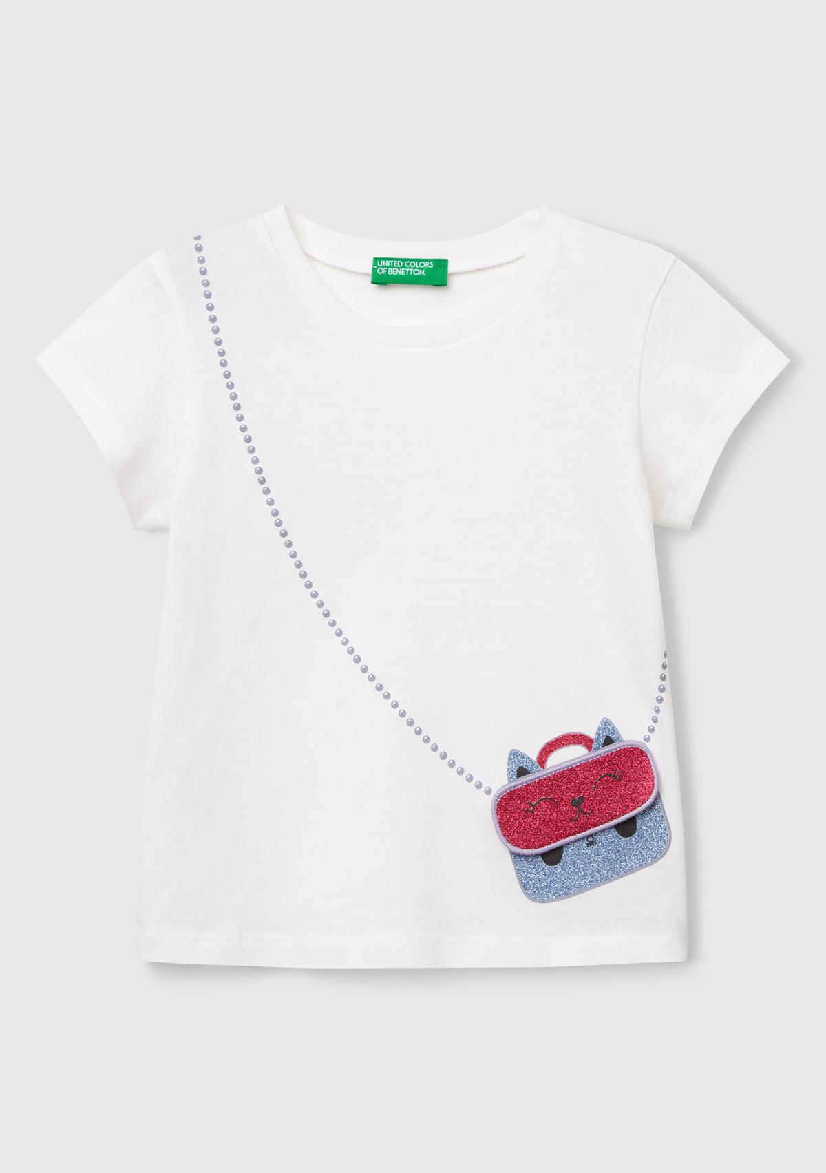 Kız Çocuk Beyaz Önü Baskılı Bisiklet Yaka T-Shirt