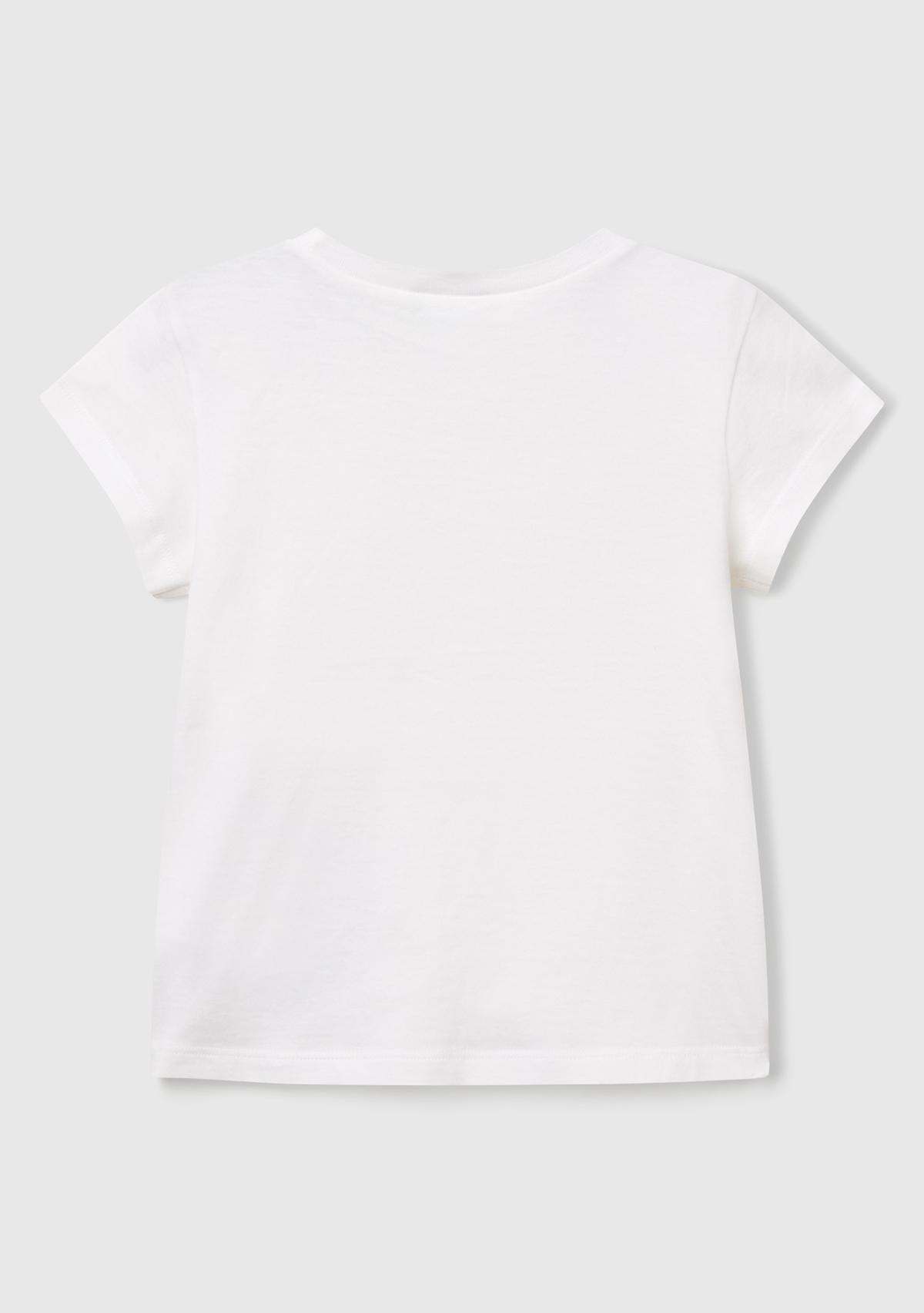 Kız Çocuk Beyaz Önü Baskılı Bisiklet Yaka T-Shirt