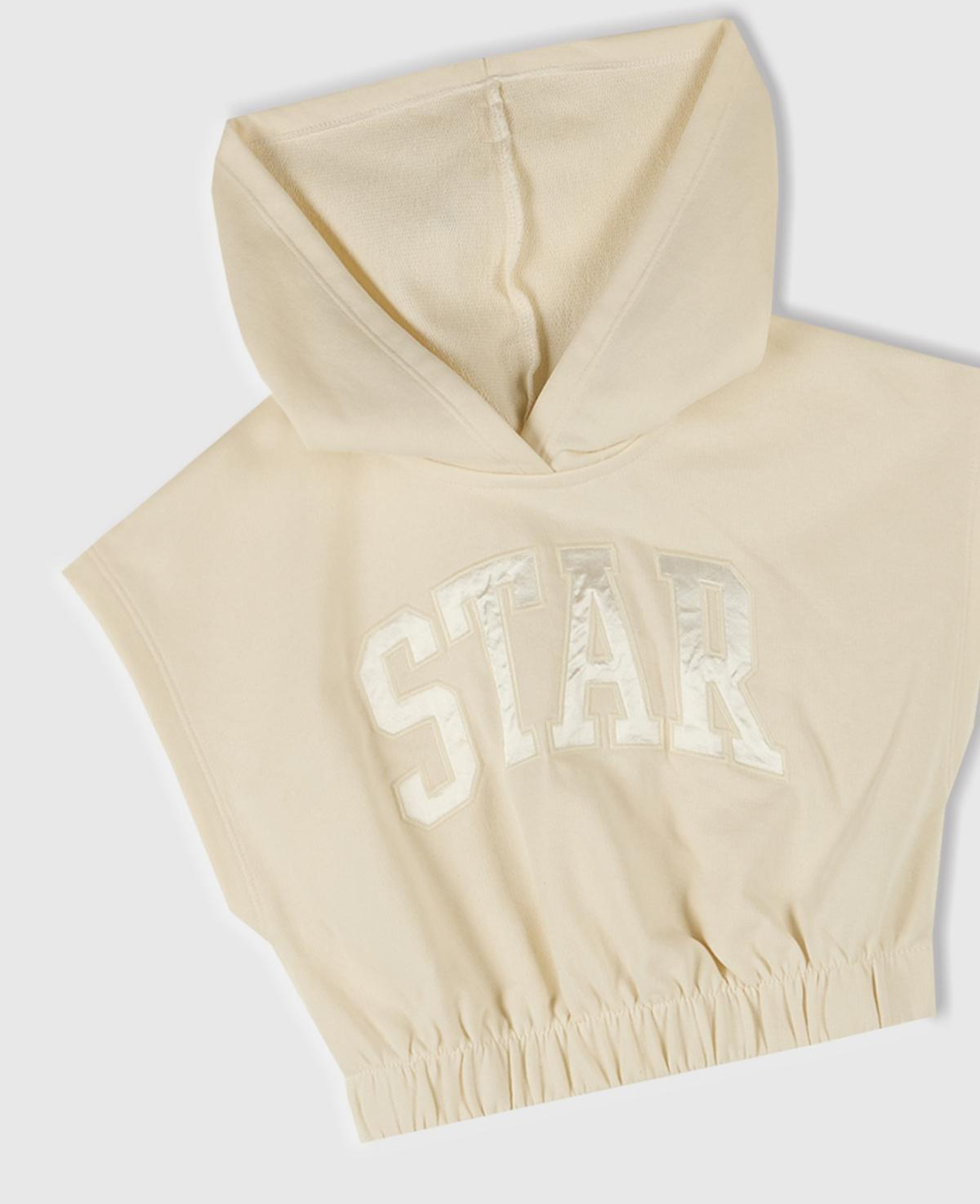 Kız Çocuk Ekru Önü Aplikeli Nakış Detaylı Kolsuz Kapüşonlu Sweatshirt