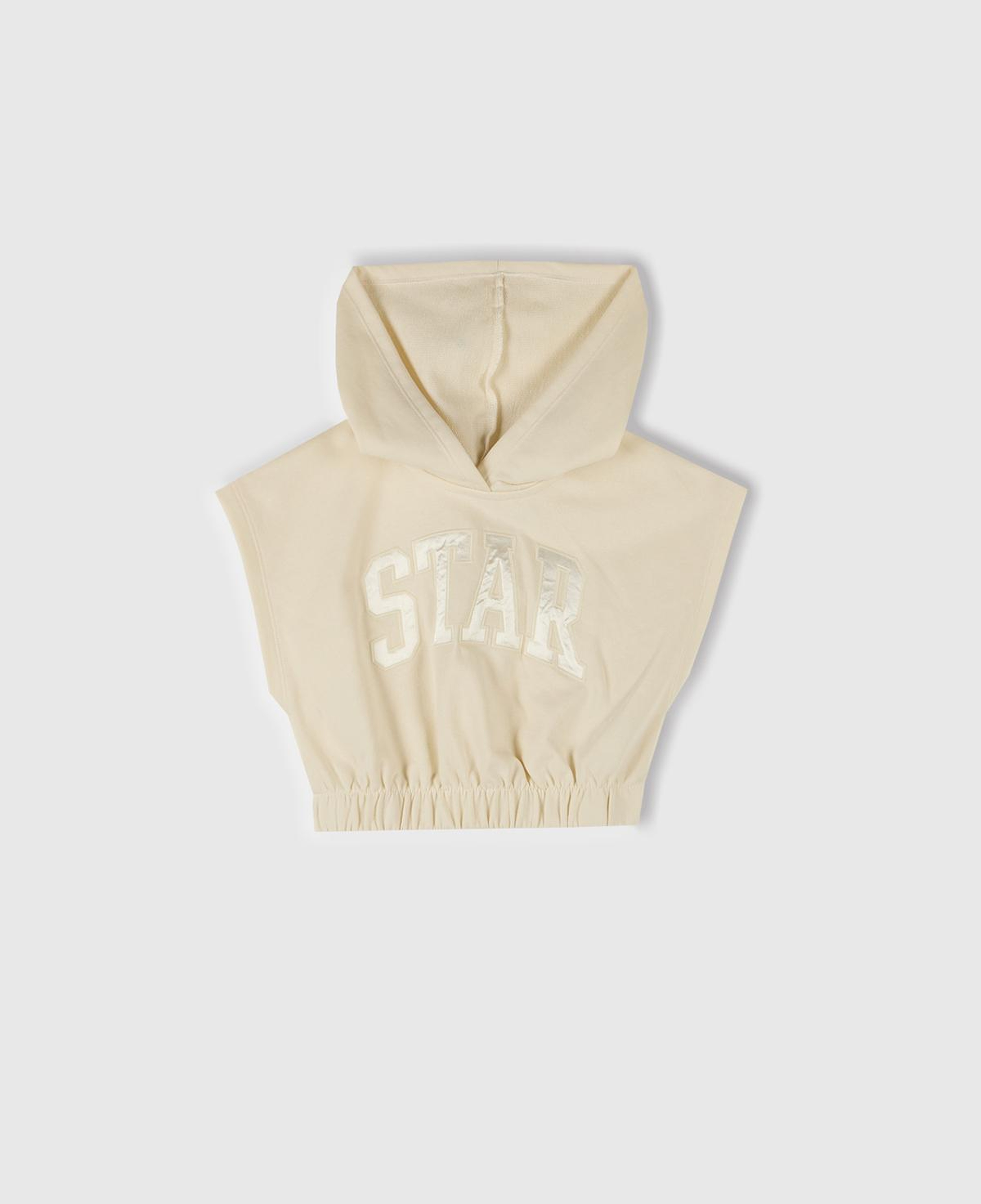 Kız Çocuk Ekru Önü Aplikeli Nakış Detaylı Kolsuz Kapüşonlu Sweatshirt