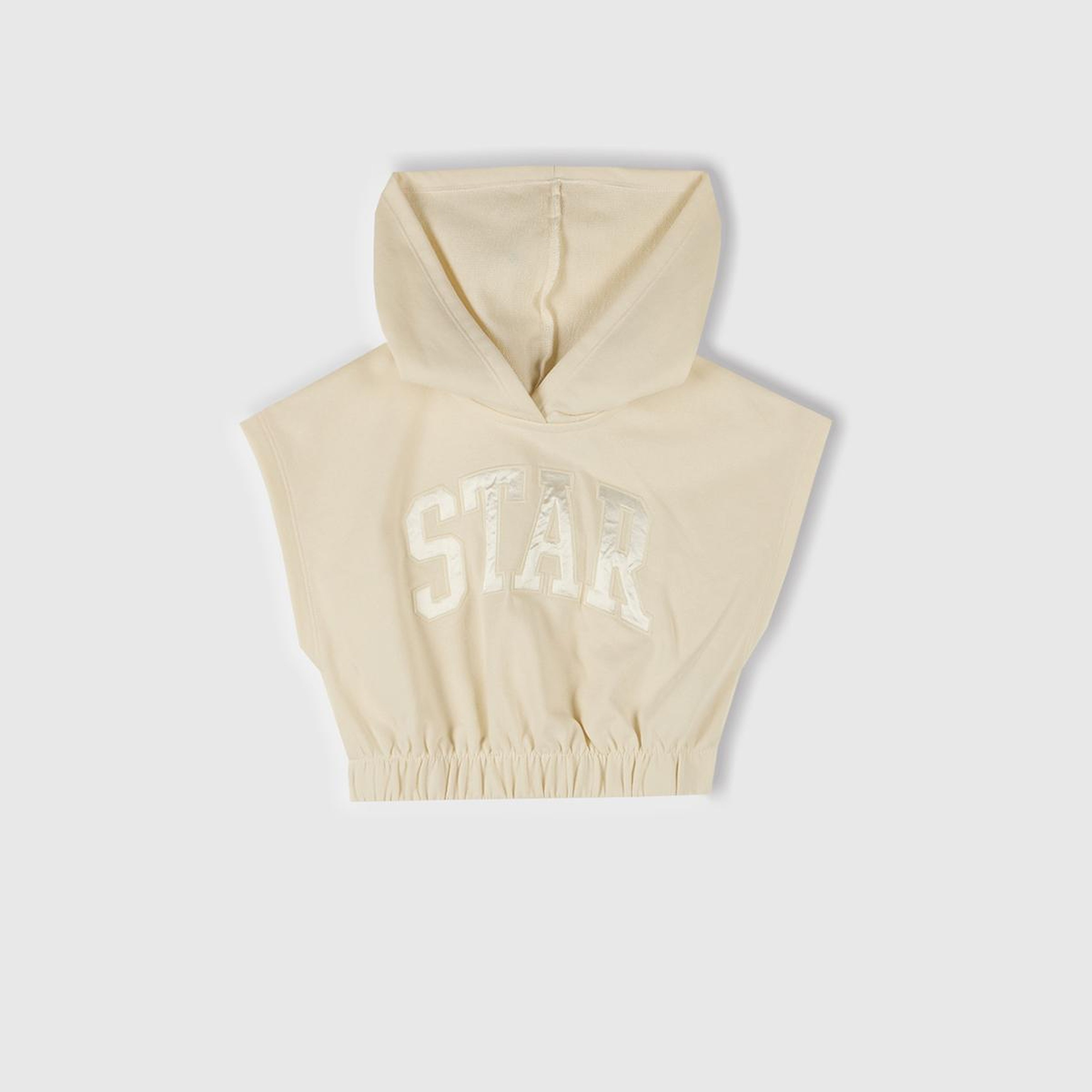 Kız Çocuk Ekru Önü Aplikeli Nakış Detaylı Kolsuz Kapüşonlu Sweatshirt
