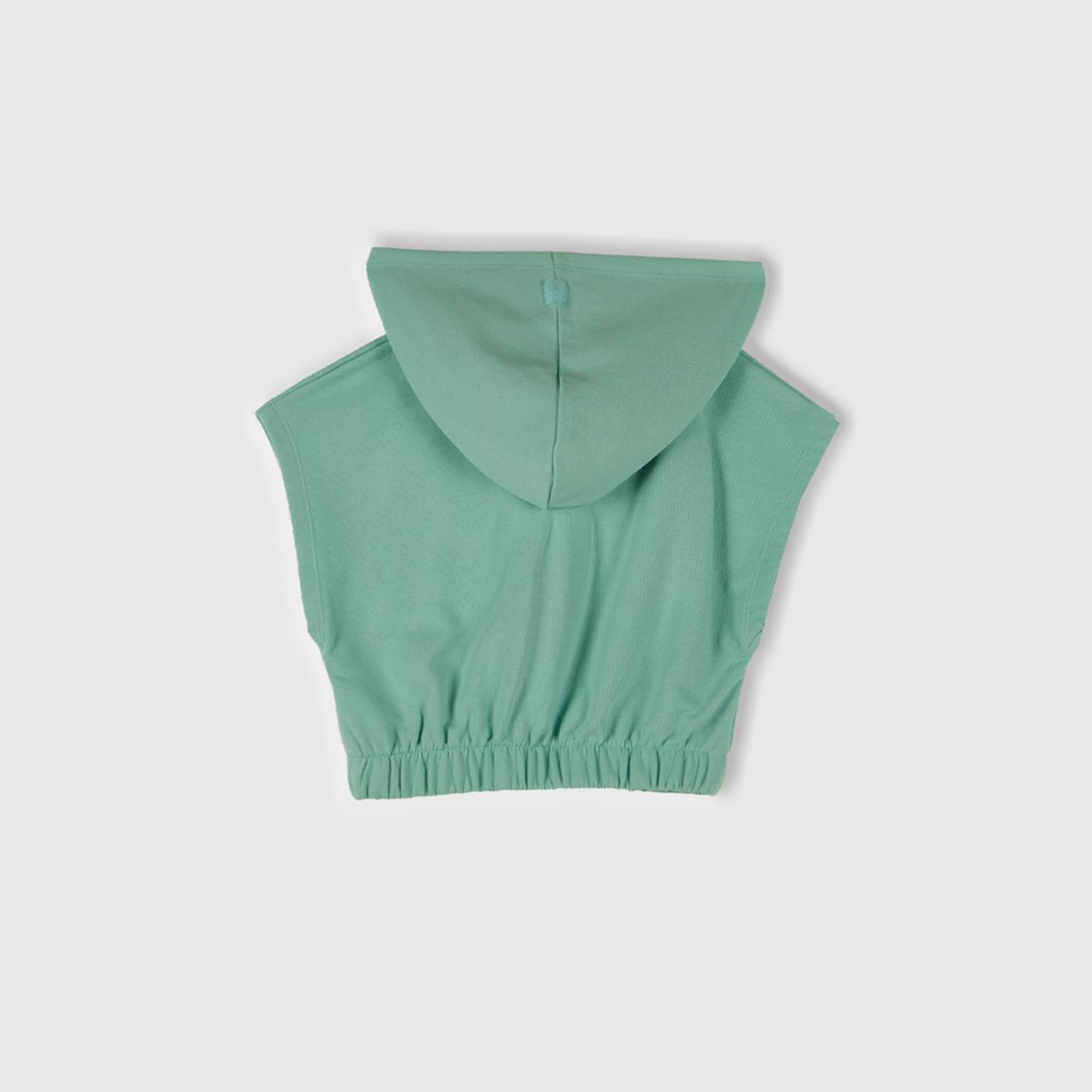 Kız Çocuk Su Yeşili Önü Aplikeli Nakış Detaylı Kolsuz Kapüşonlu Sweatshirt