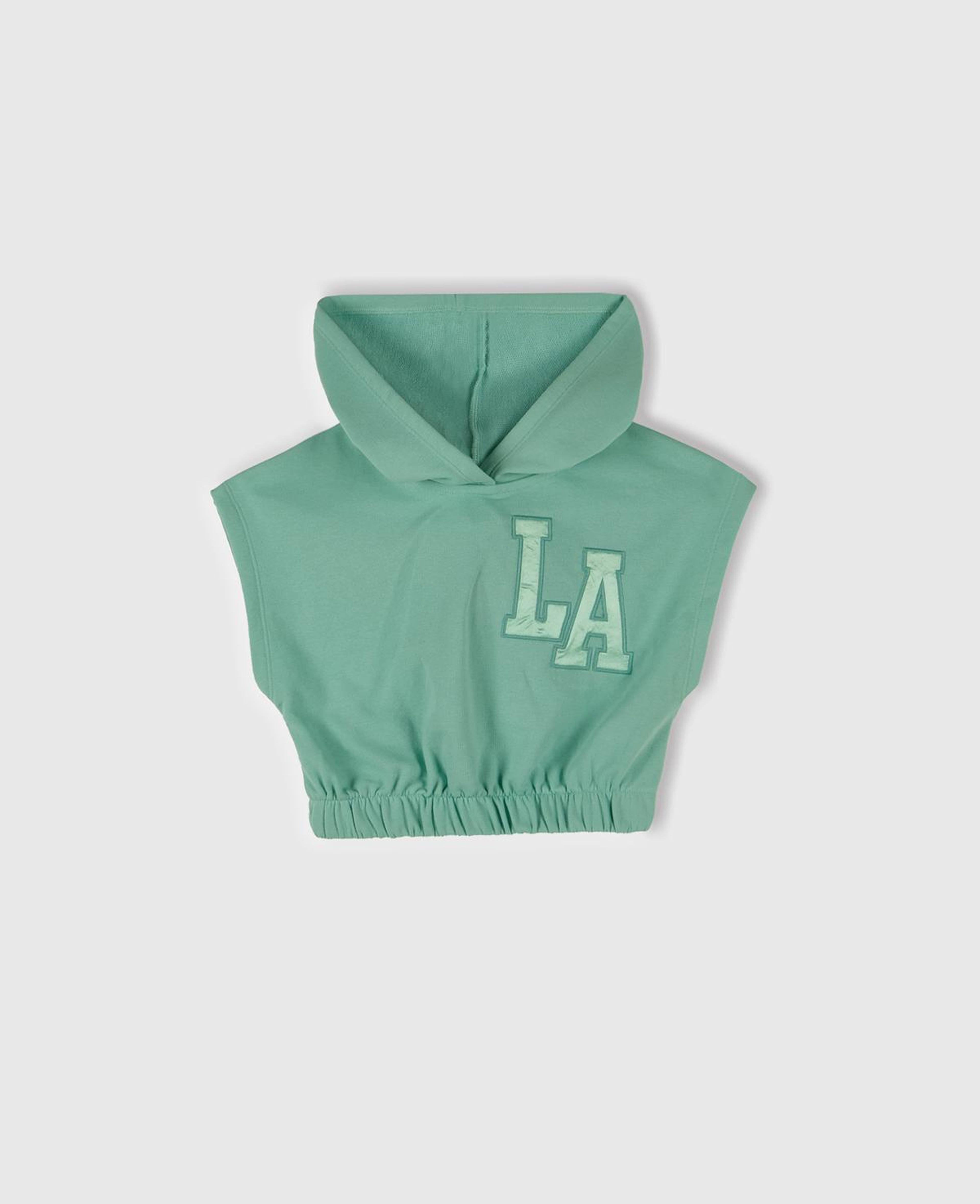 Kız Çocuk Su Yeşili Önü Aplikeli Nakış Detaylı Kolsuz Kapüşonlu Sweatshirt