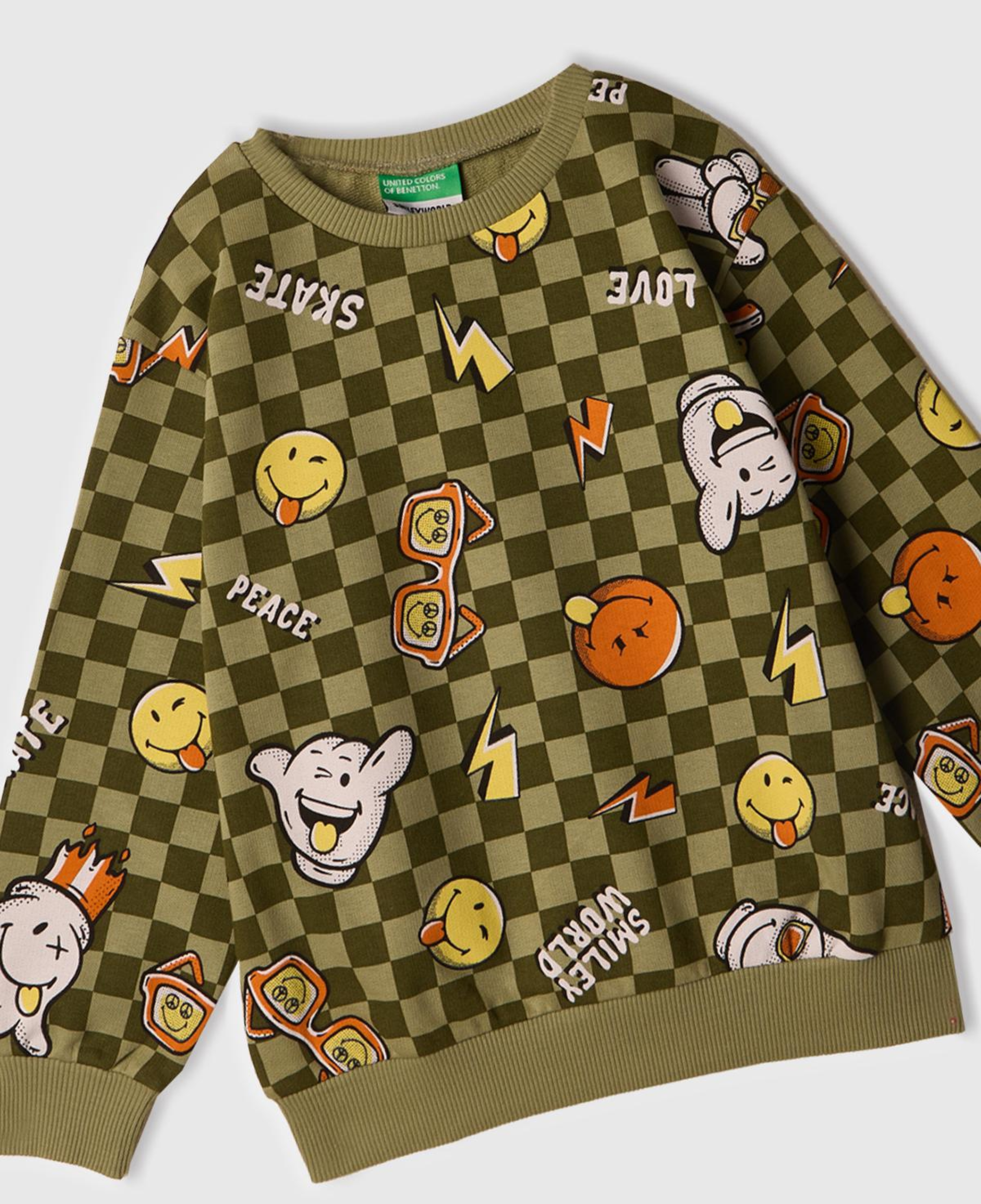 Erkek Çocuk Haki Tamamı Baskılı Logo Etiketli Bisiklet Yaka Sweatshirt