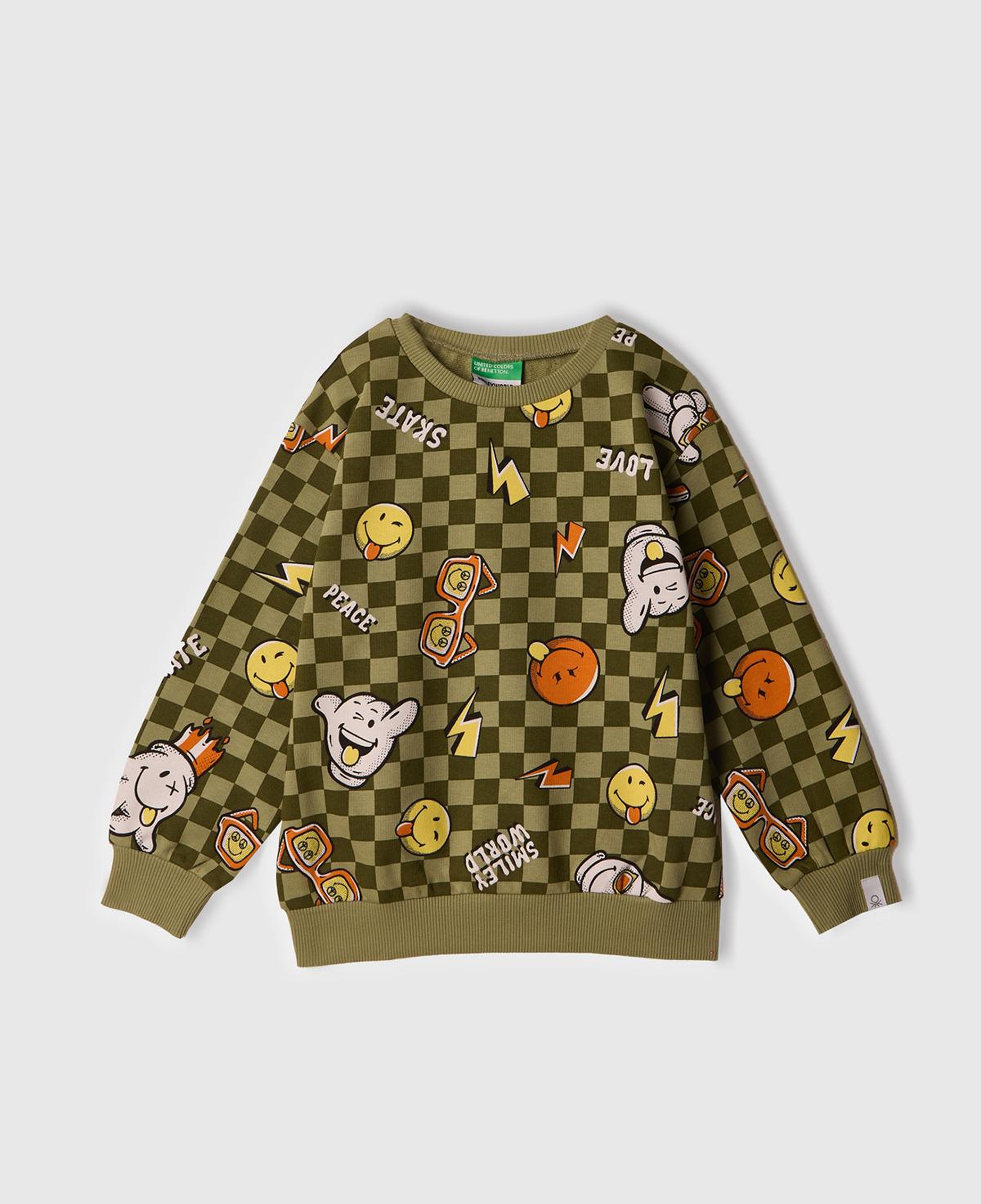 Erkek Çocuk Haki Tamamı Baskılı Logo Etiketli Bisiklet Yaka Sweatshirt