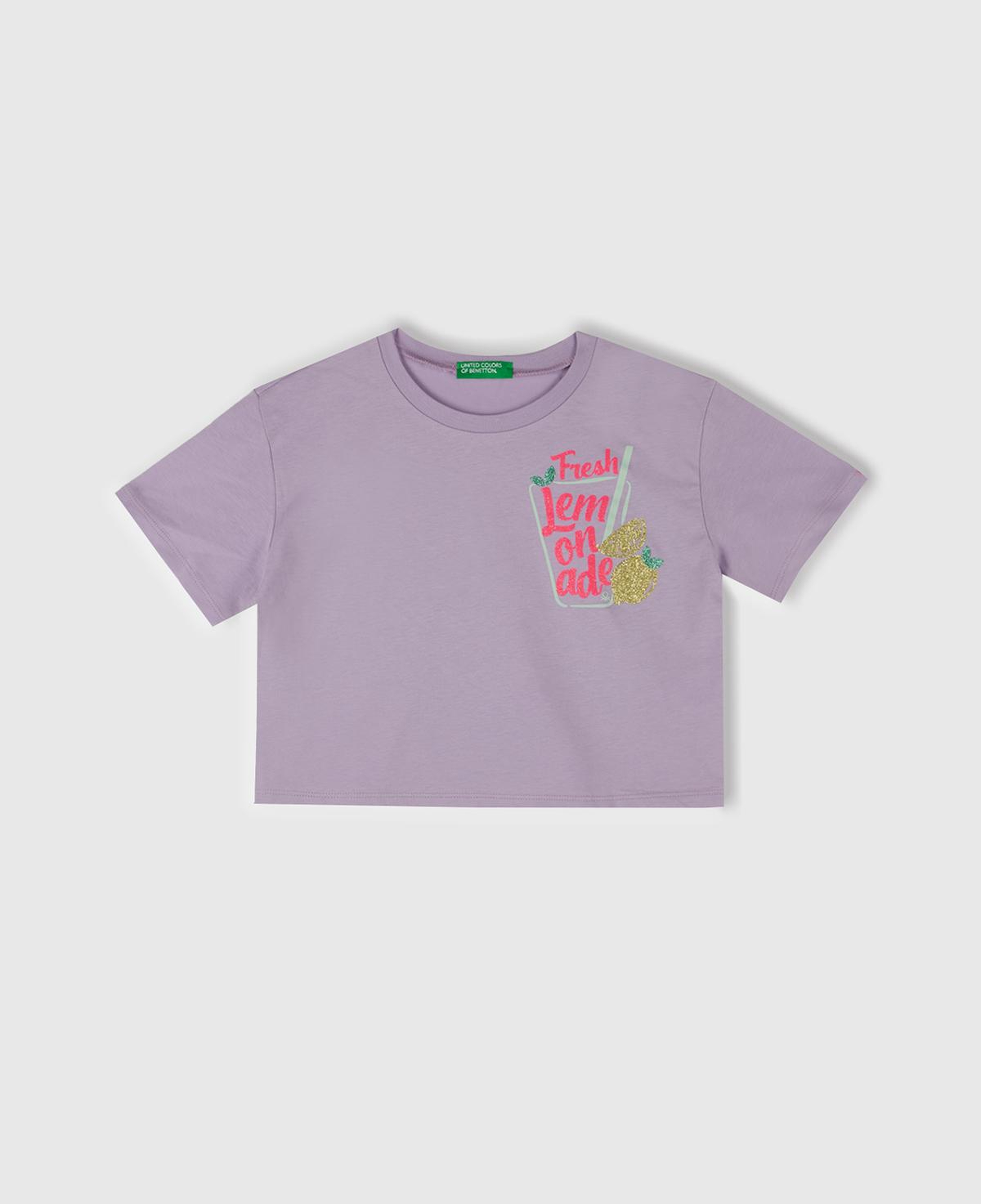 Kız Çocuk Lila Parlak Baskılı Bisiklet Yaka T-Shirt