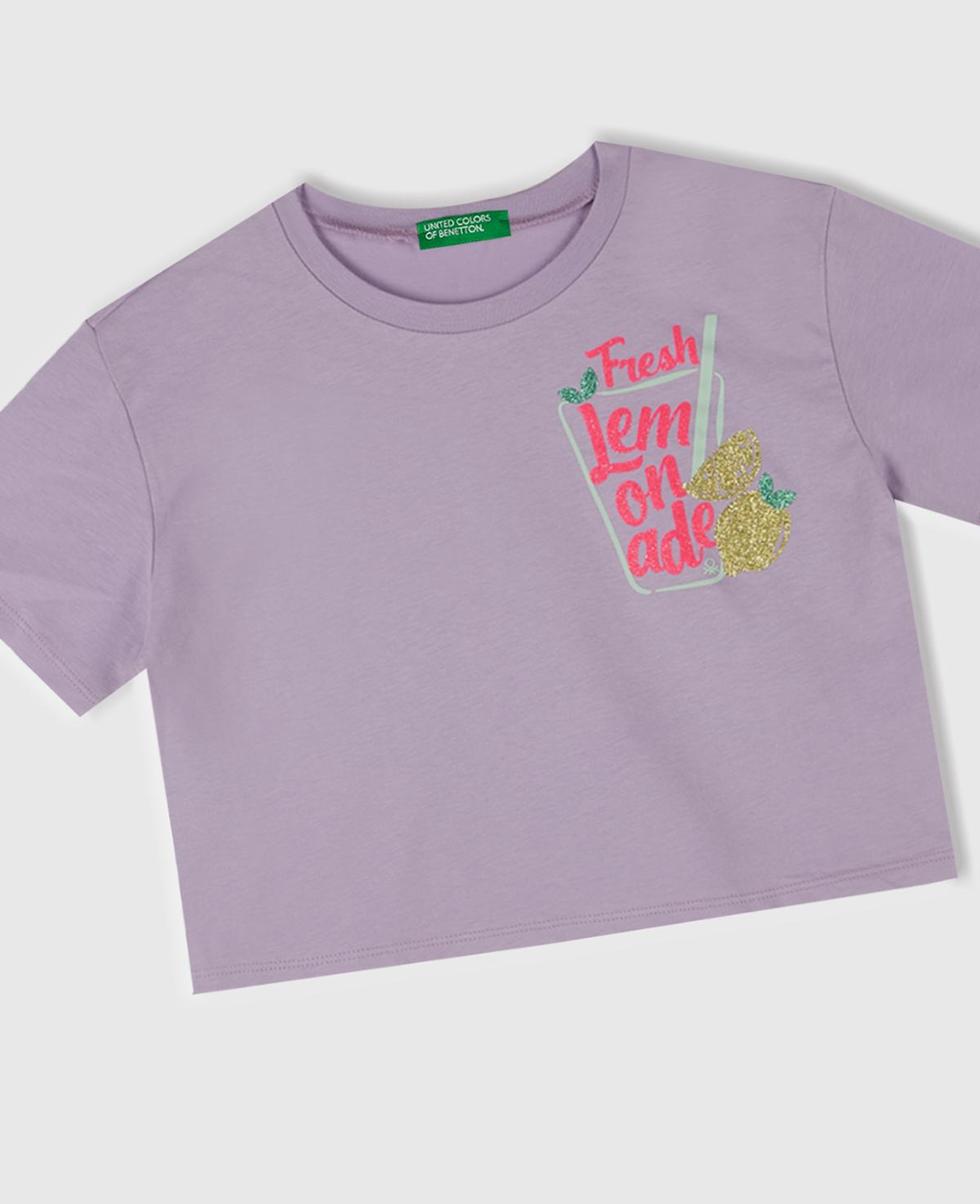 Kız Çocuk Lila Parlak Baskılı Bisiklet Yaka T-Shirt