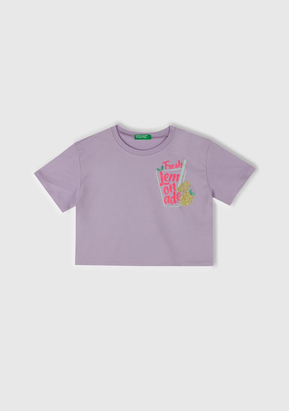 Kız Çocuk Lila Parlak Baskılı Bisiklet Yaka T-Shirt