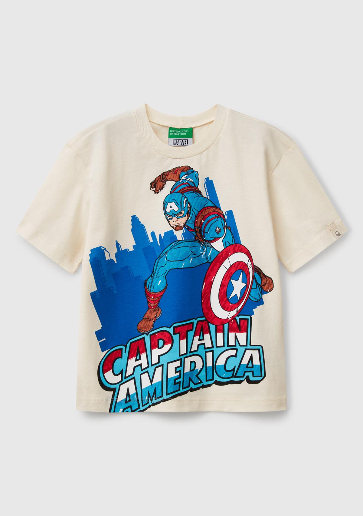 Erkek Çocuk Ekru Marvel Kahraman Baskılı Logo Etiketli T-Shirt