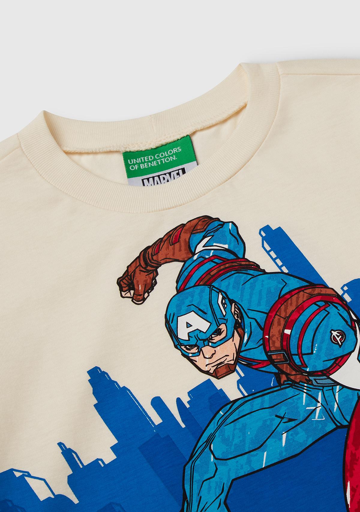 Erkek Çocuk Ekru Marvel Kahraman Baskılı Logo Etiketli T-Shirt
