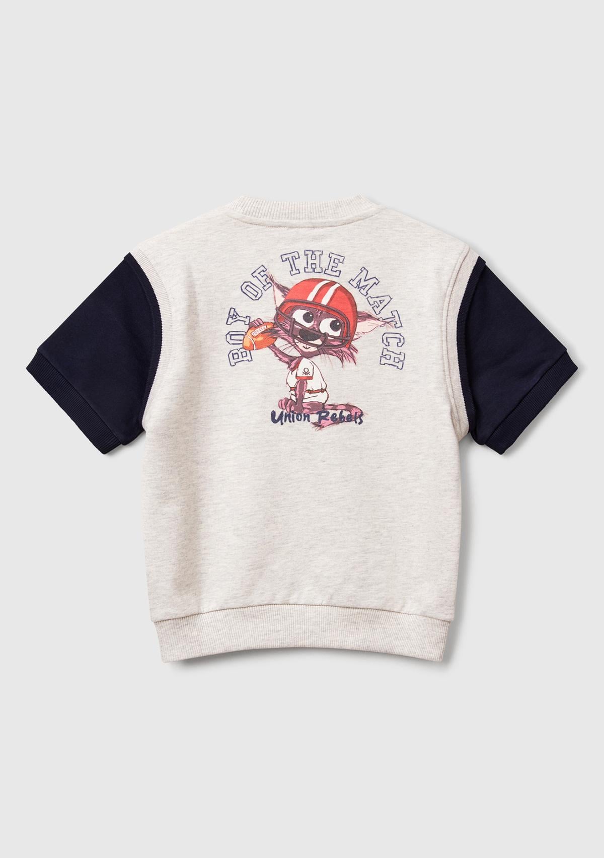 Erkek Çocuk Açık Gri Melanj Logo Baskılı Yelek Efektli Kısa Kollu Sweatshirt