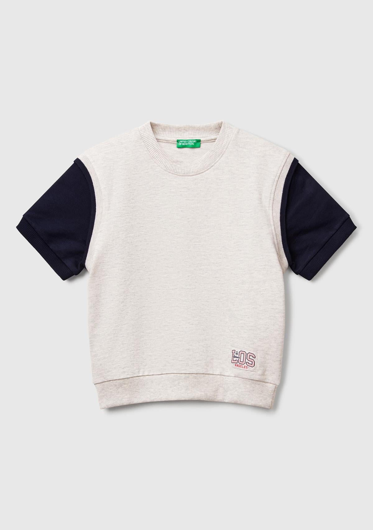 Erkek Çocuk Açık Gri Melanj Logo Baskılı Yelek Efektli Kısa Kollu Sweatshirt