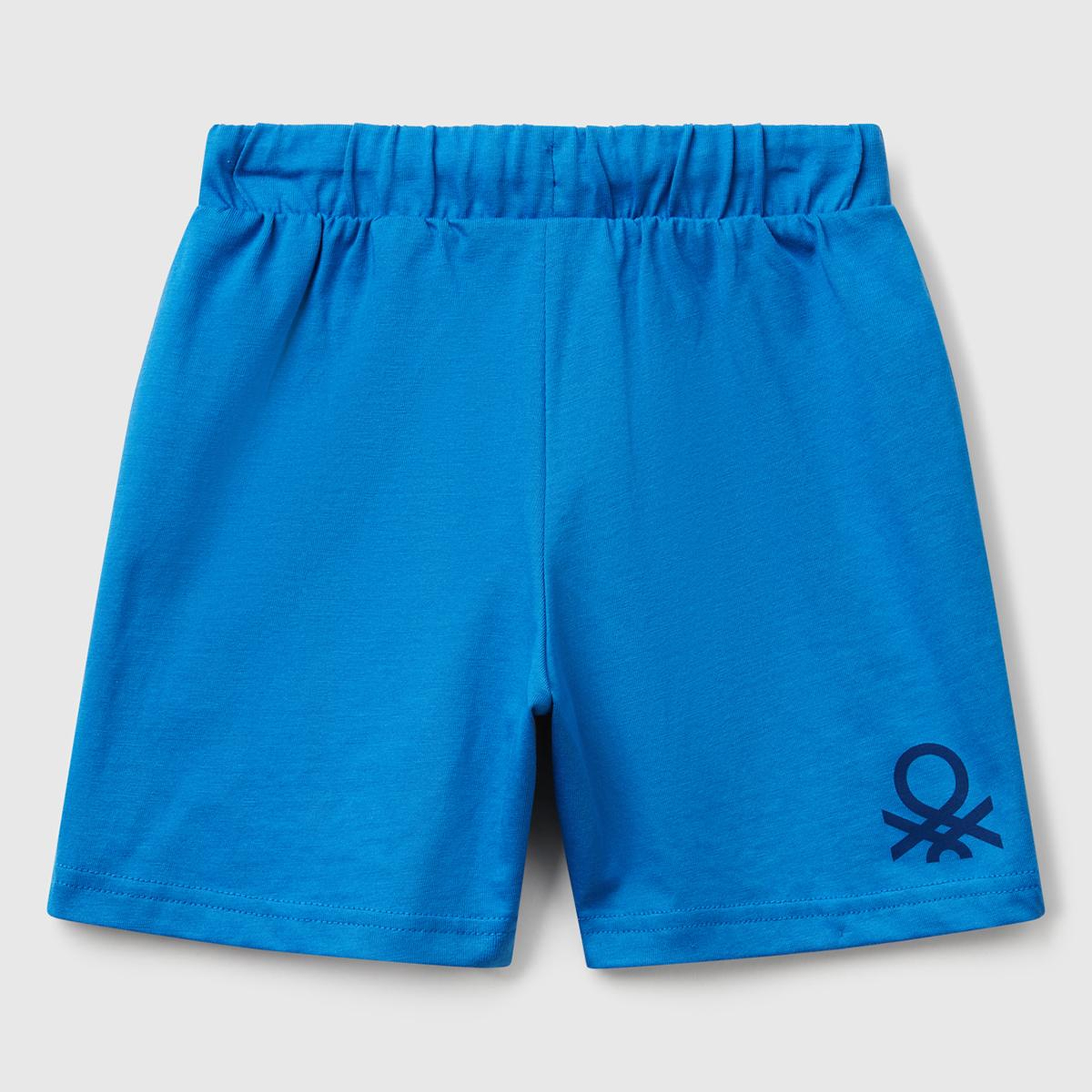 Erkek Çocuk Saks Mavi Arkası Logo Baskılı Beli İpli Şort