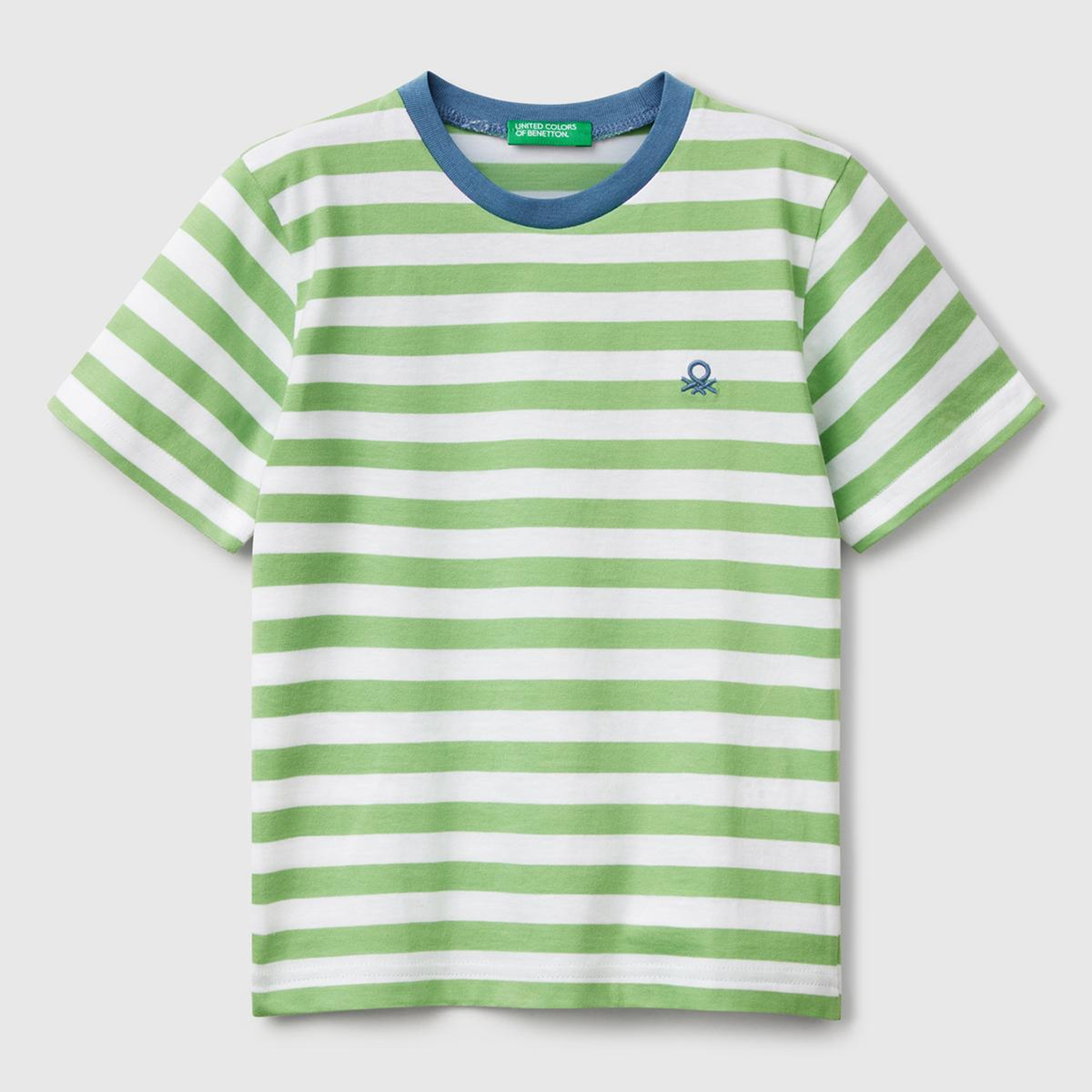 Erkek Çocuk Fıstık Yeşili Çizgili Önü Logo İşlemeli T-Shirt