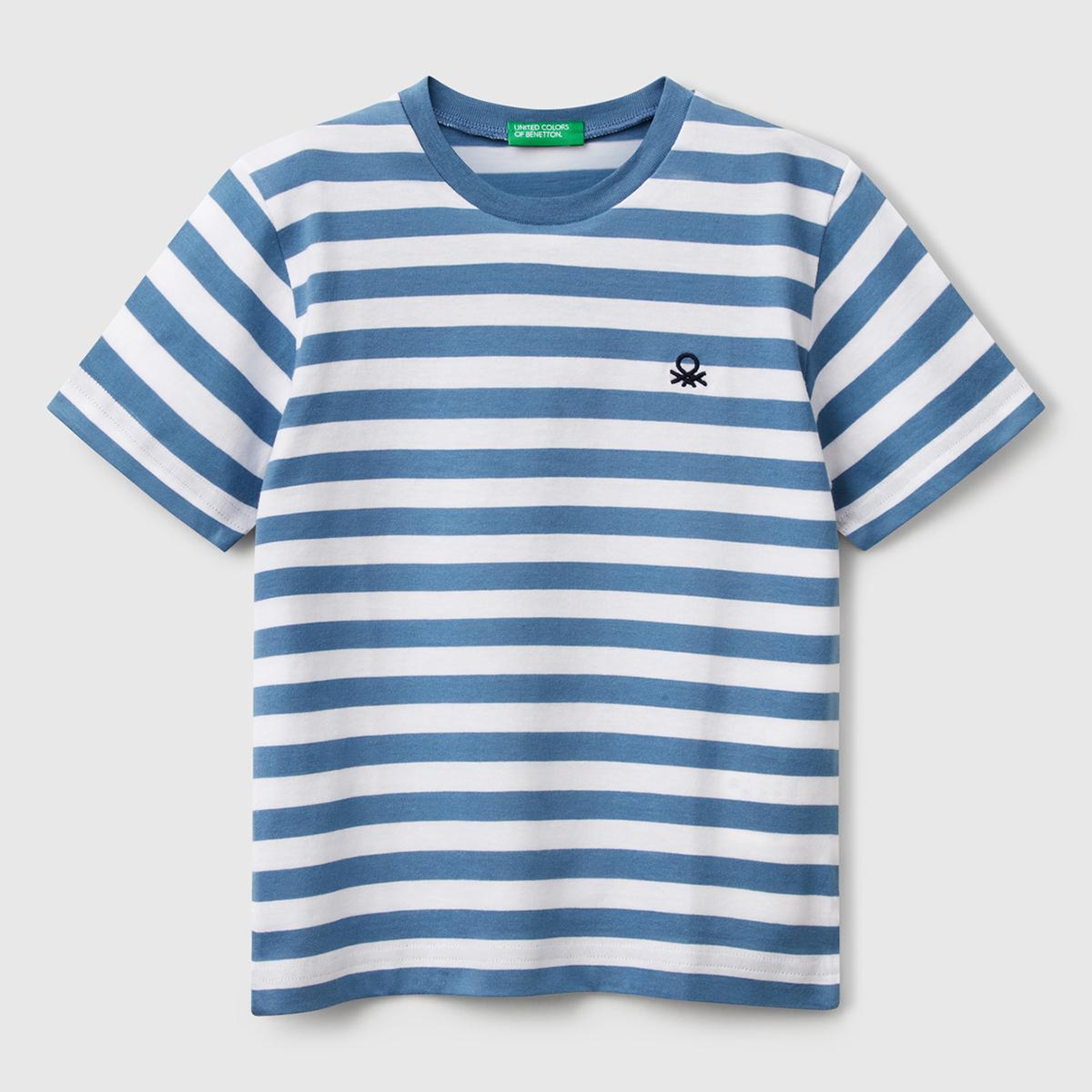 Erkek Çocuk Mavi Çizgili Önü Logo İşlemeli T-Shirt