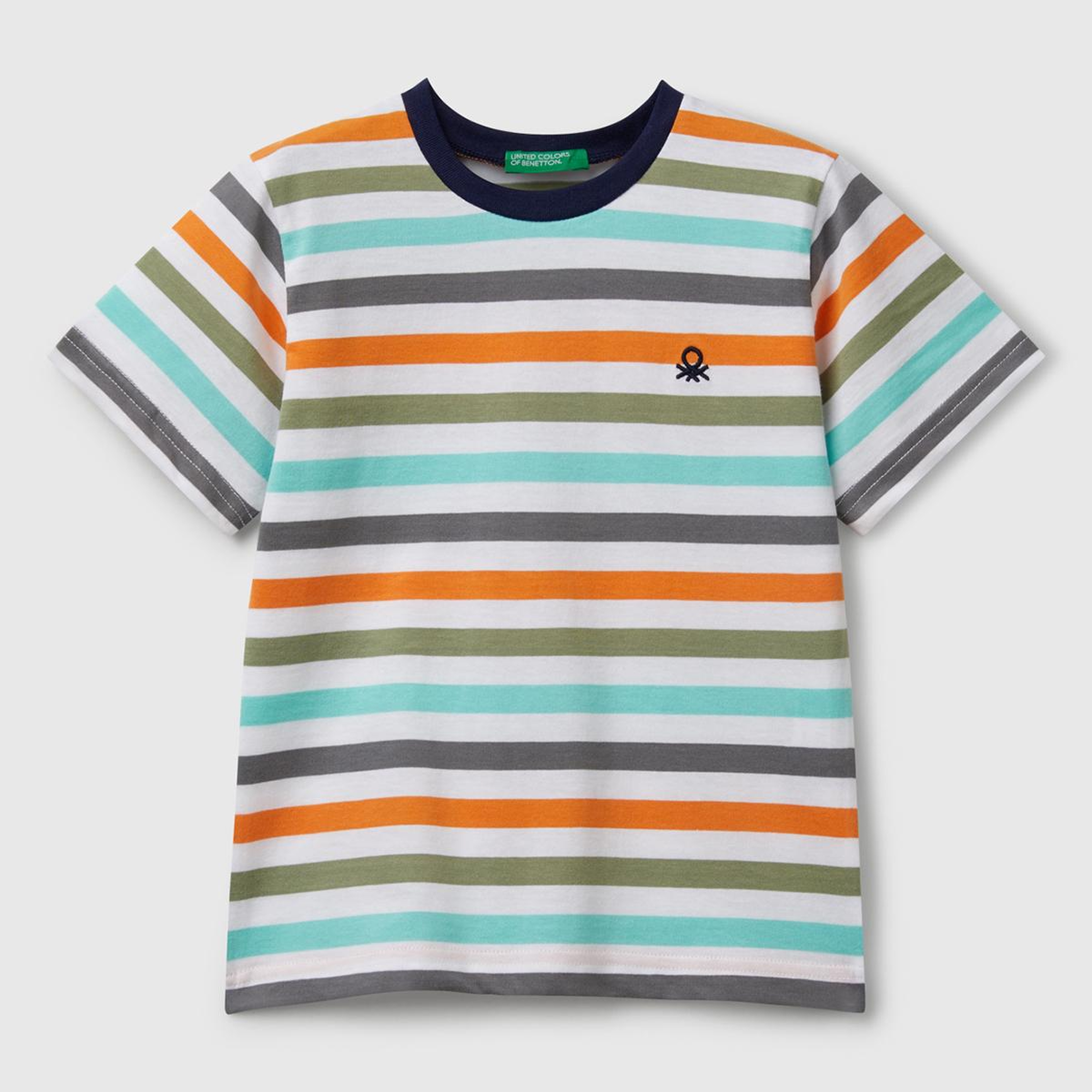 Erkek Çocuk Turkuaz Mix Çizgili Önü Logo İşlemeli T-Shirt