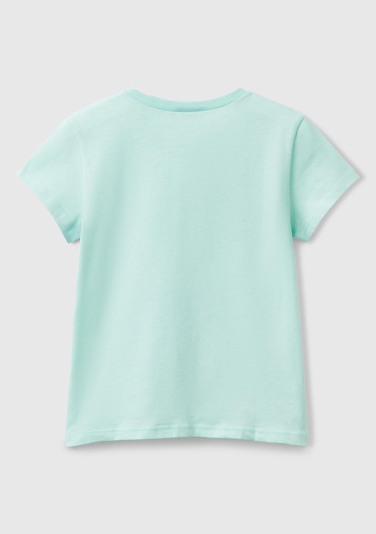 Kız Çocuk Su Yeşili Simli Logo Baskılı T-Shirt