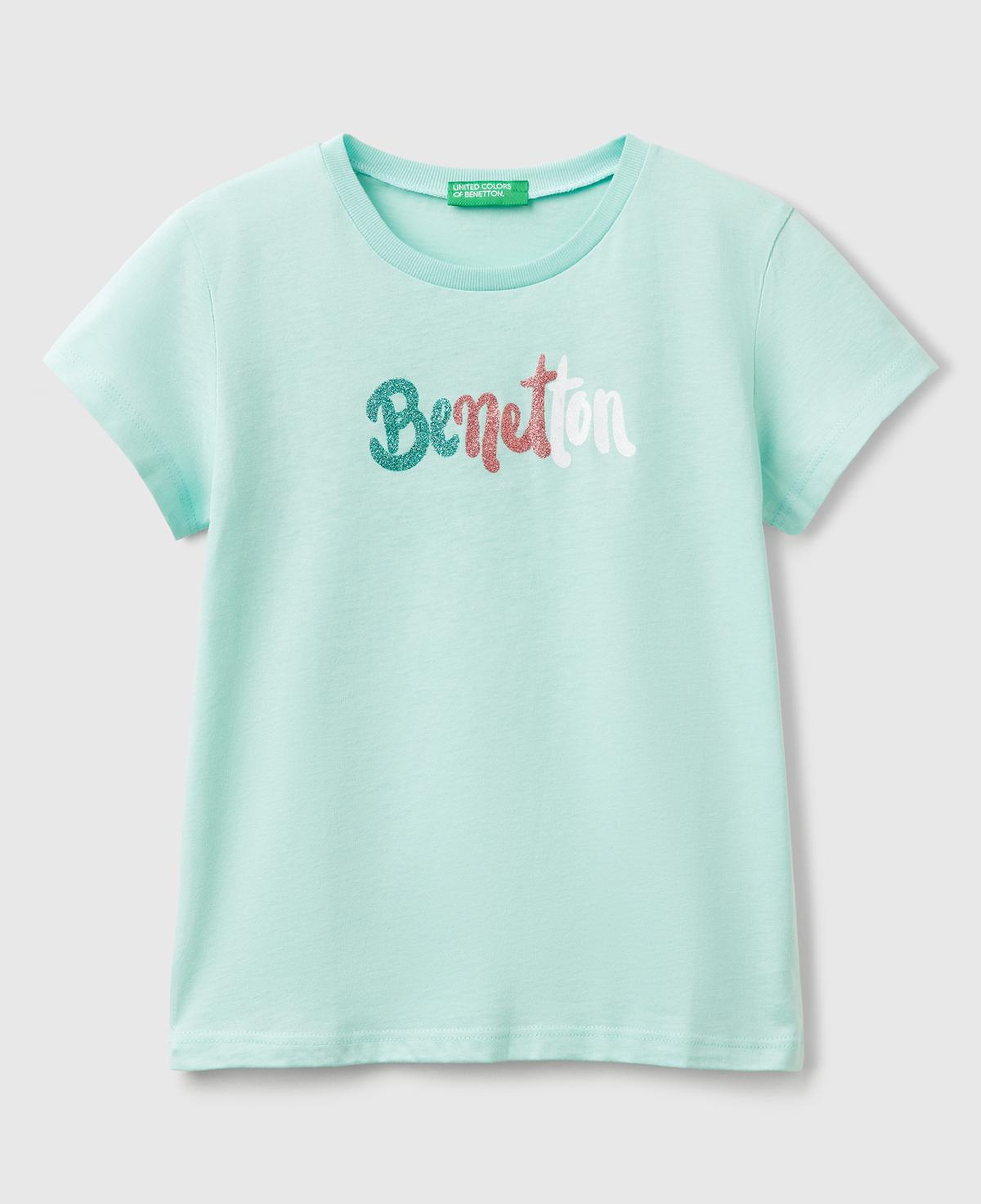 Kız Çocuk Su Yeşili Simli Logo Baskılı T-Shirt