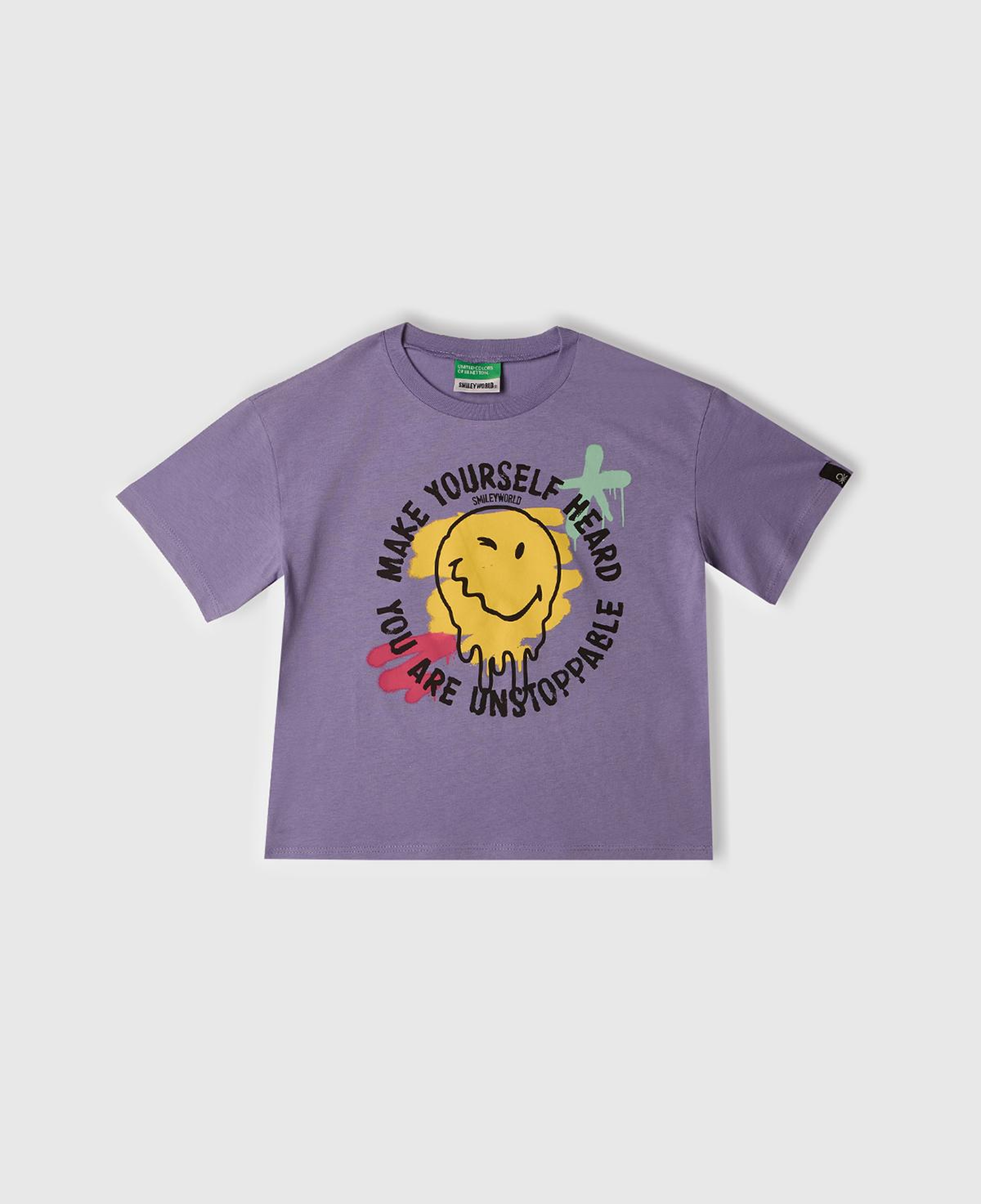 Kız Çocuk Mor Smiley World Baskılı Logo Etiketli T-Shirt