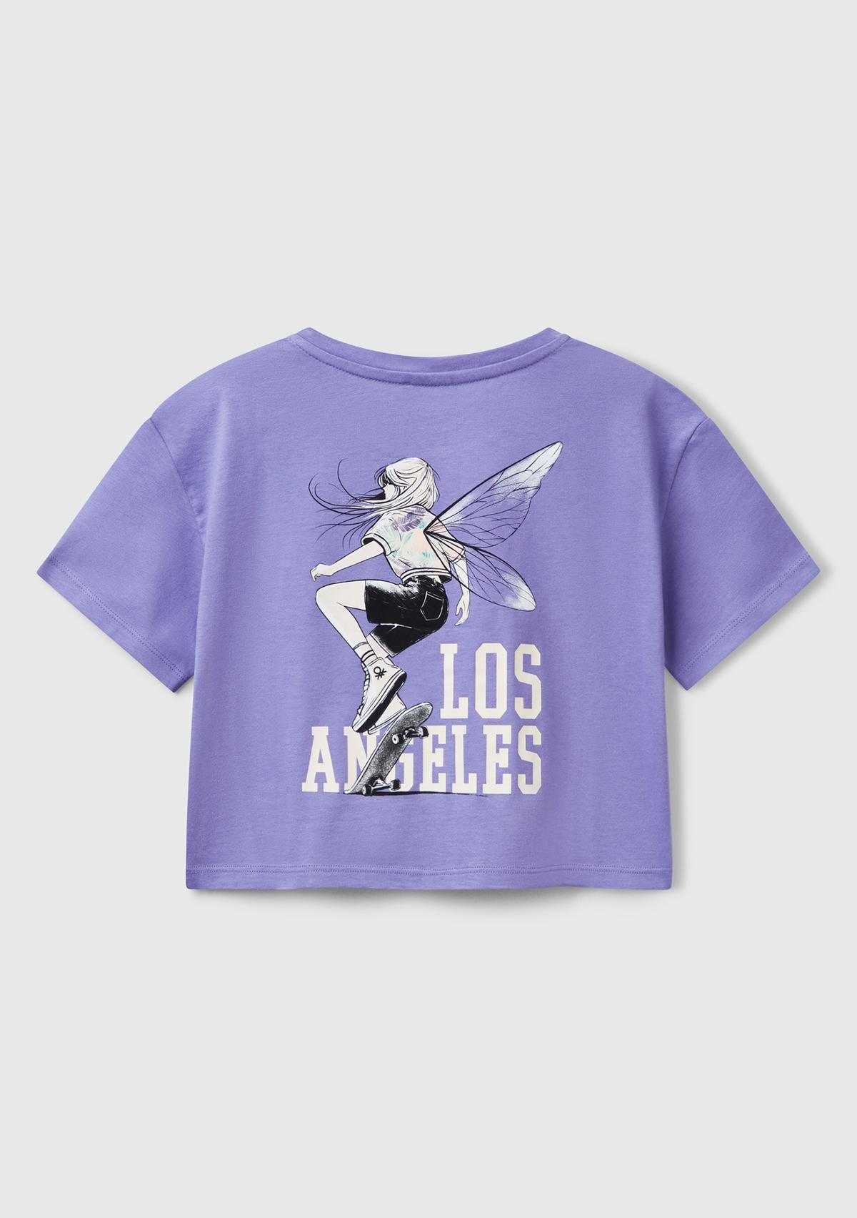 Kız Çocuk Mor Arkası Baskılı Yama Cepli T-Shirt