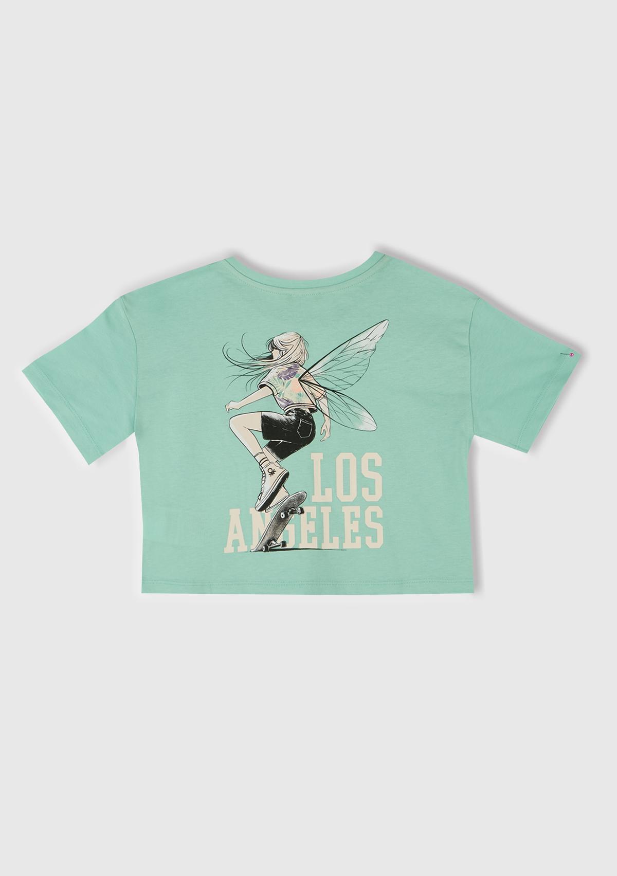 Kız Çocuk Su Yeşili Arkası Baskılı Yama Cepli T-Shirt