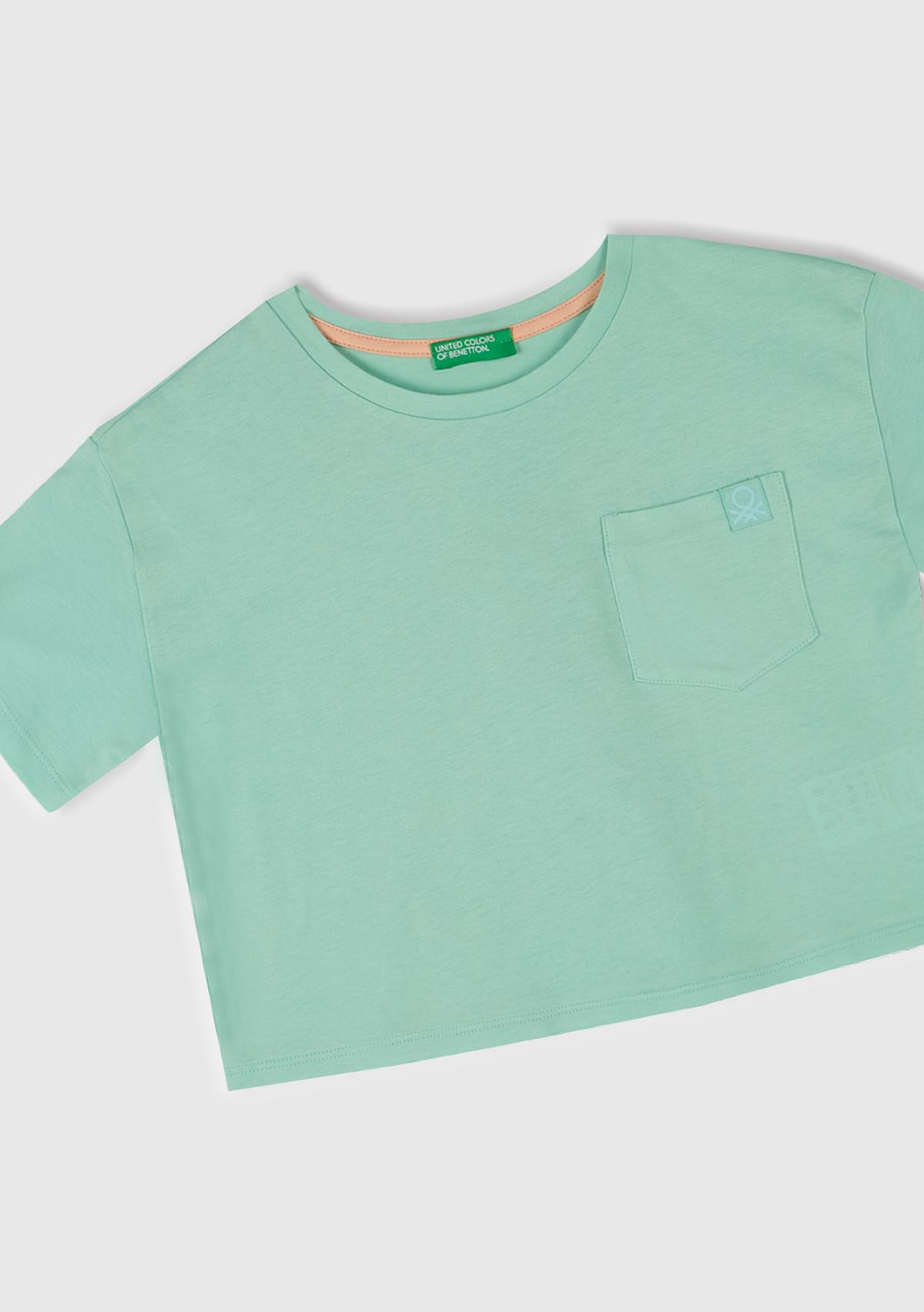 Kız Çocuk Su Yeşili Arkası Baskılı Yama Cepli T-Shirt