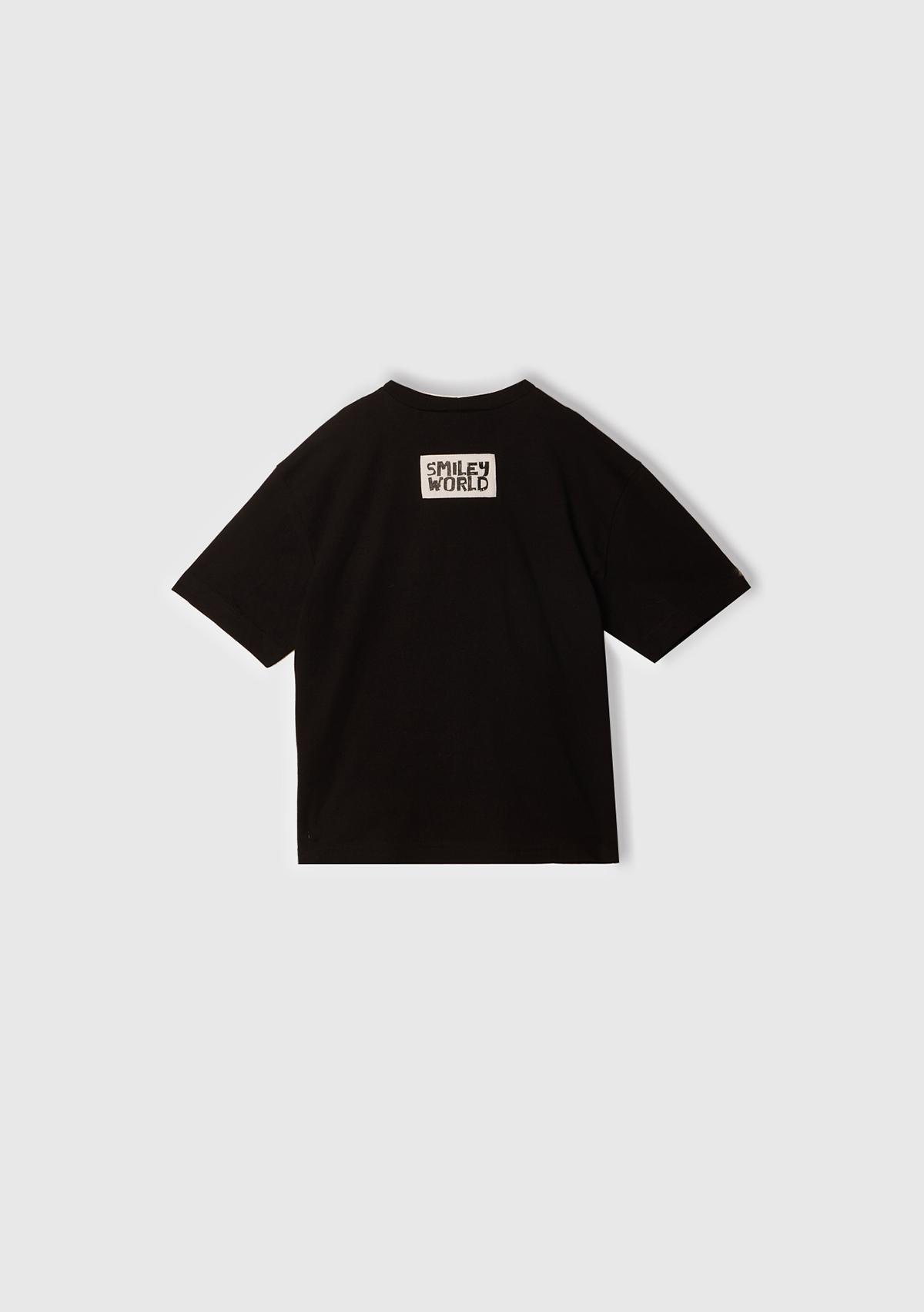 Erkek Çocuk Siyah Smiley World Baskılı Logo Etiketli T-Shirt