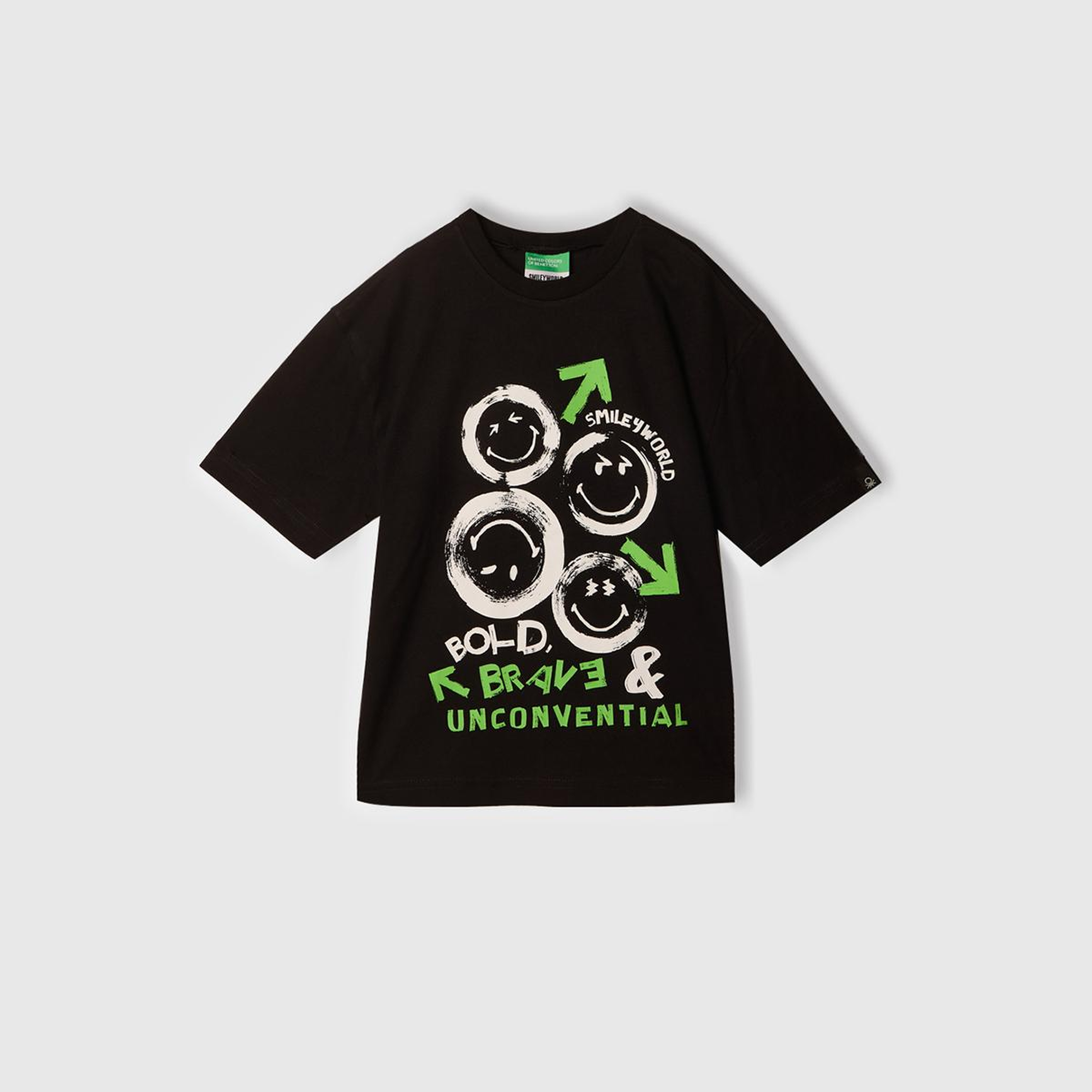 Erkek Çocuk Siyah Smiley World Baskılı Logo Etiketli T-Shirt