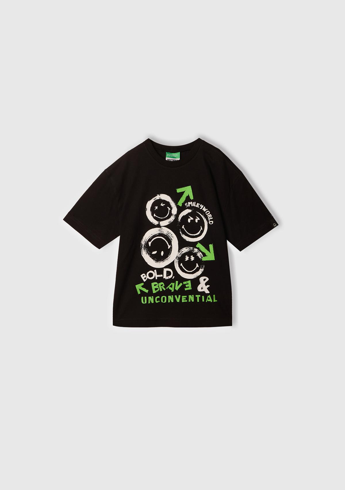 Erkek Çocuk Siyah Smiley World Baskılı Logo Etiketli T-Shirt