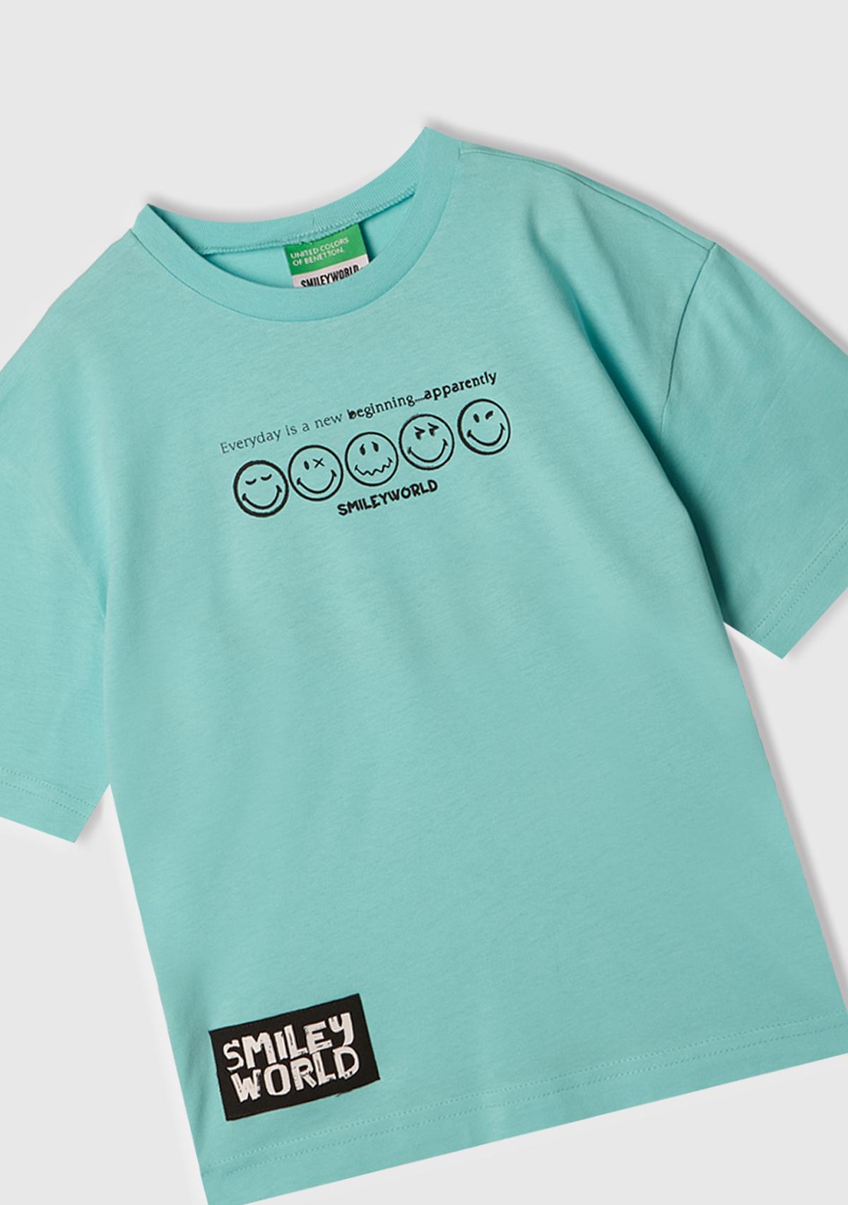 Erkek Çocuk Su Yeşili Smiley World Baskılı Logo Etiketli T-Shirt