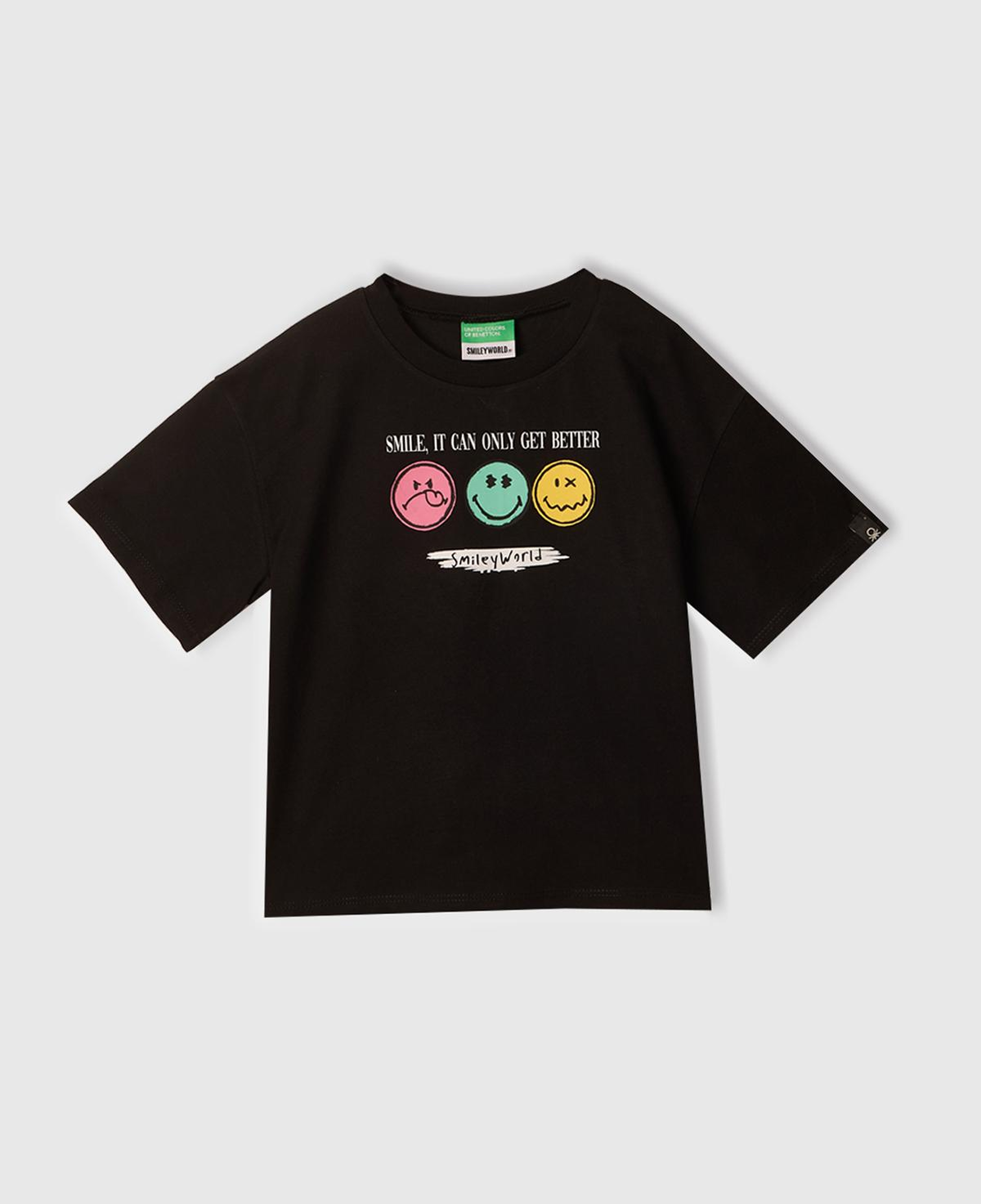 Kız Çocuk Siyah Smiley World Baskılı Logo Etiketli T-Shirt